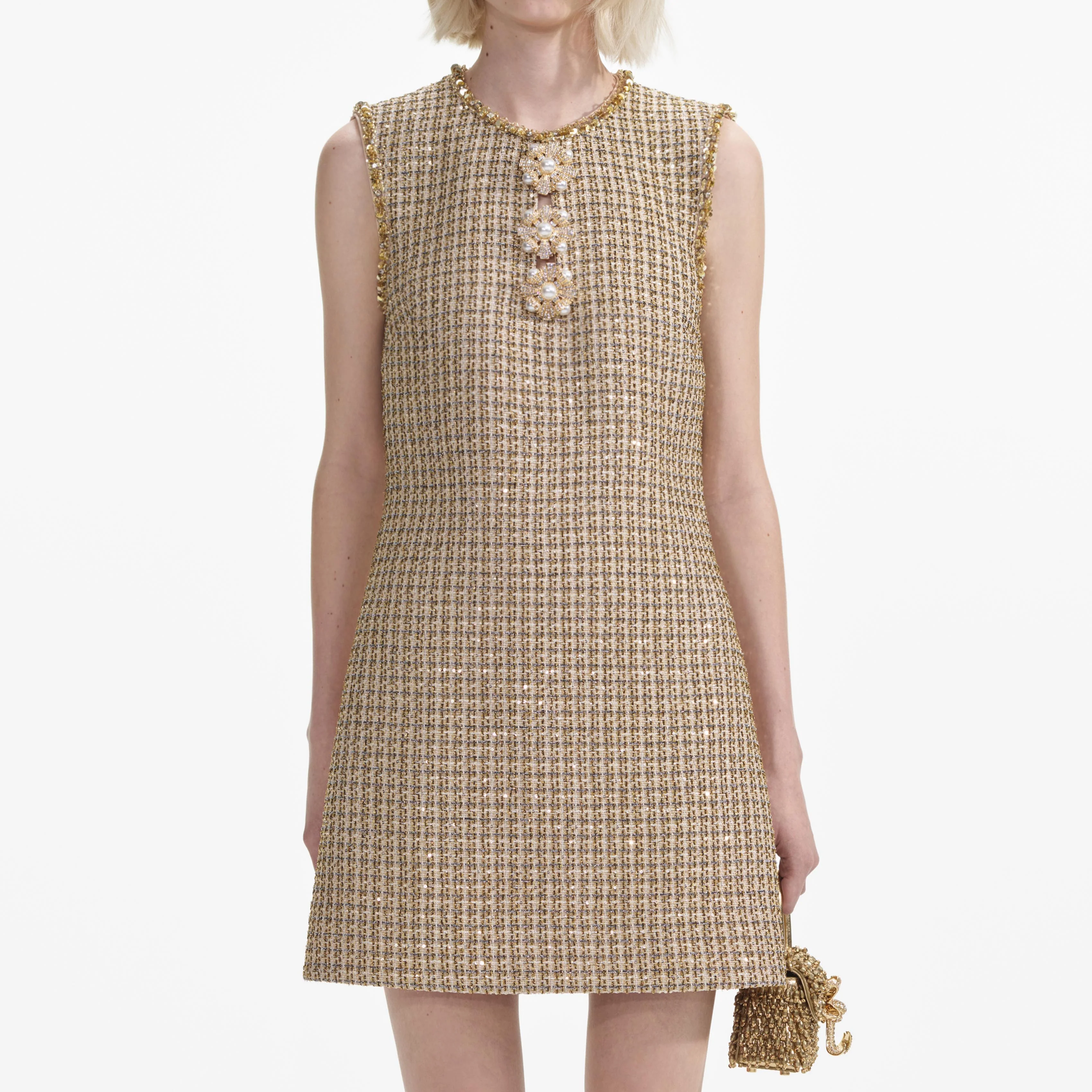 Gold Boucle Embellished Mini Dress - Image 4