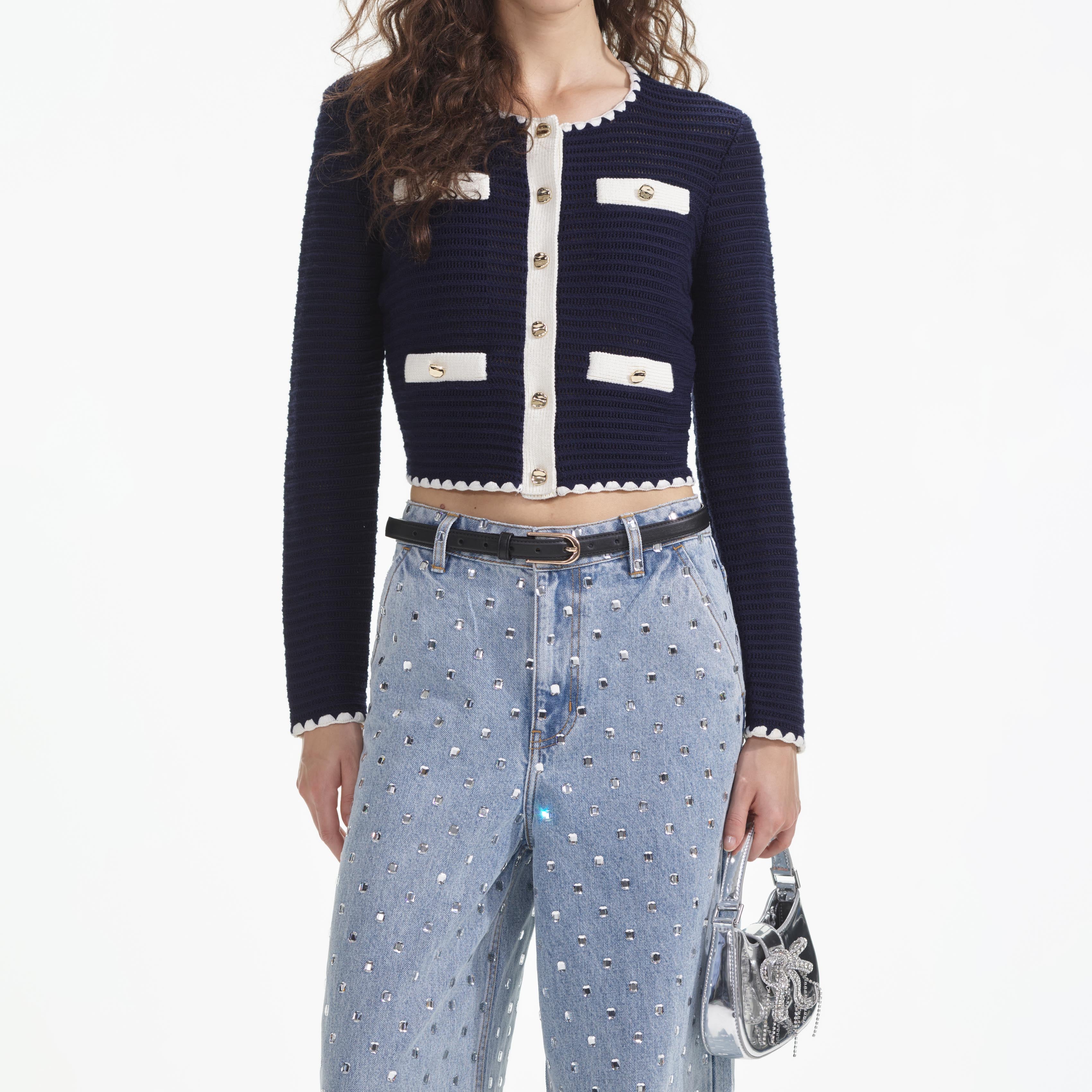 Navy Crochet Contrast Trim Cardigan - Image 4