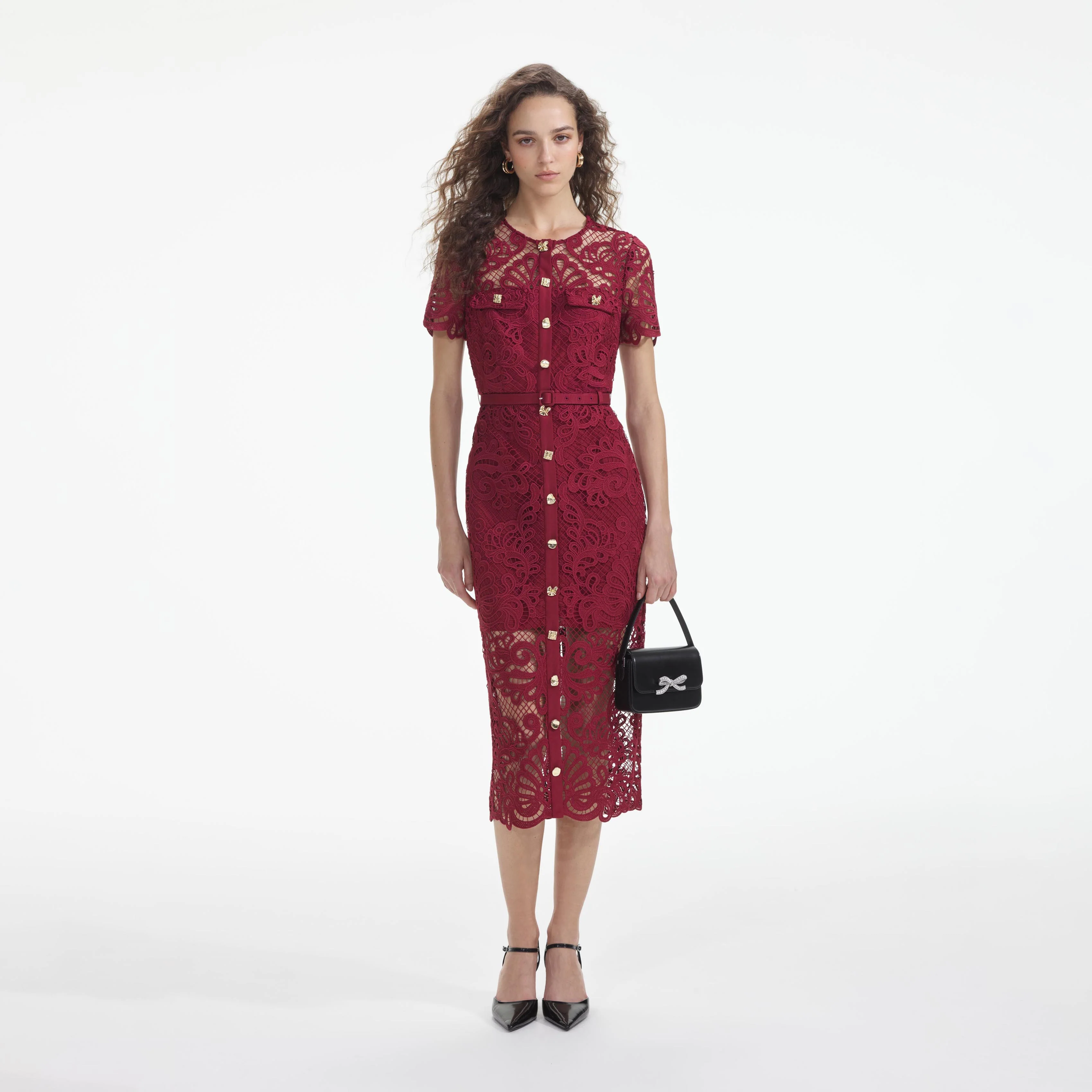Red Guipure Lace Button Midi Dress - Image 2