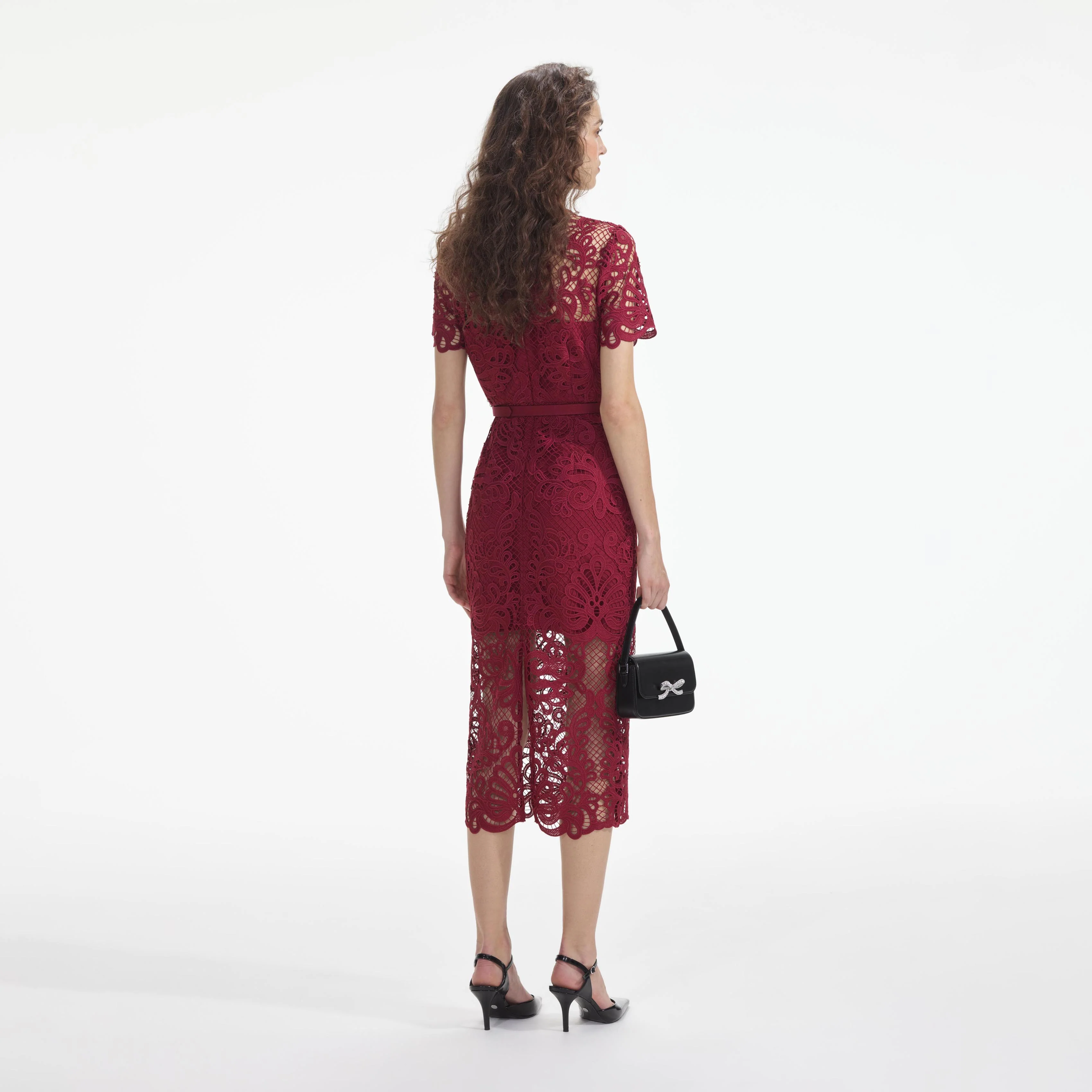 Red Guipure Lace Button Midi Dress - Image 3