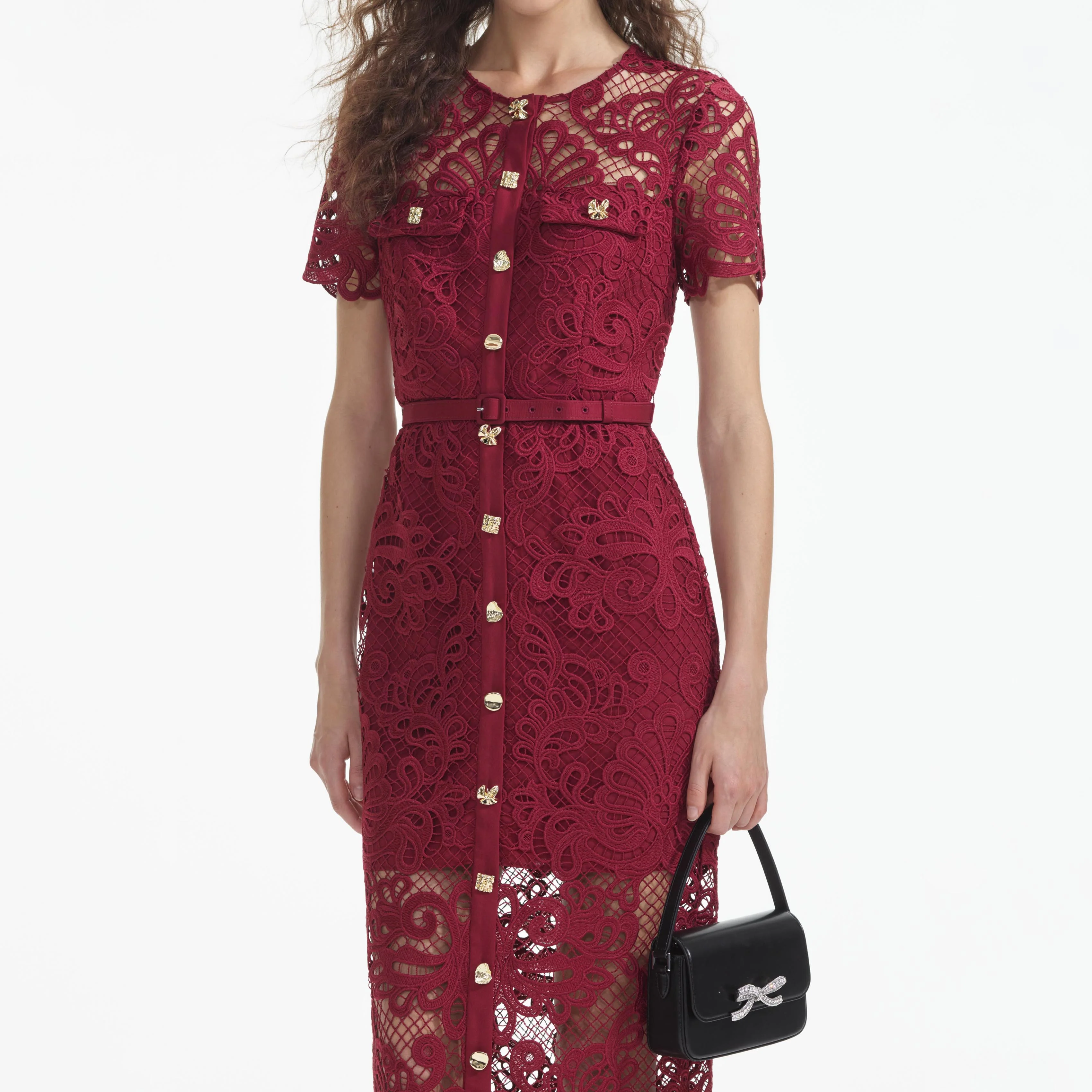 Red Guipure Lace Button Midi Dress - Image 4