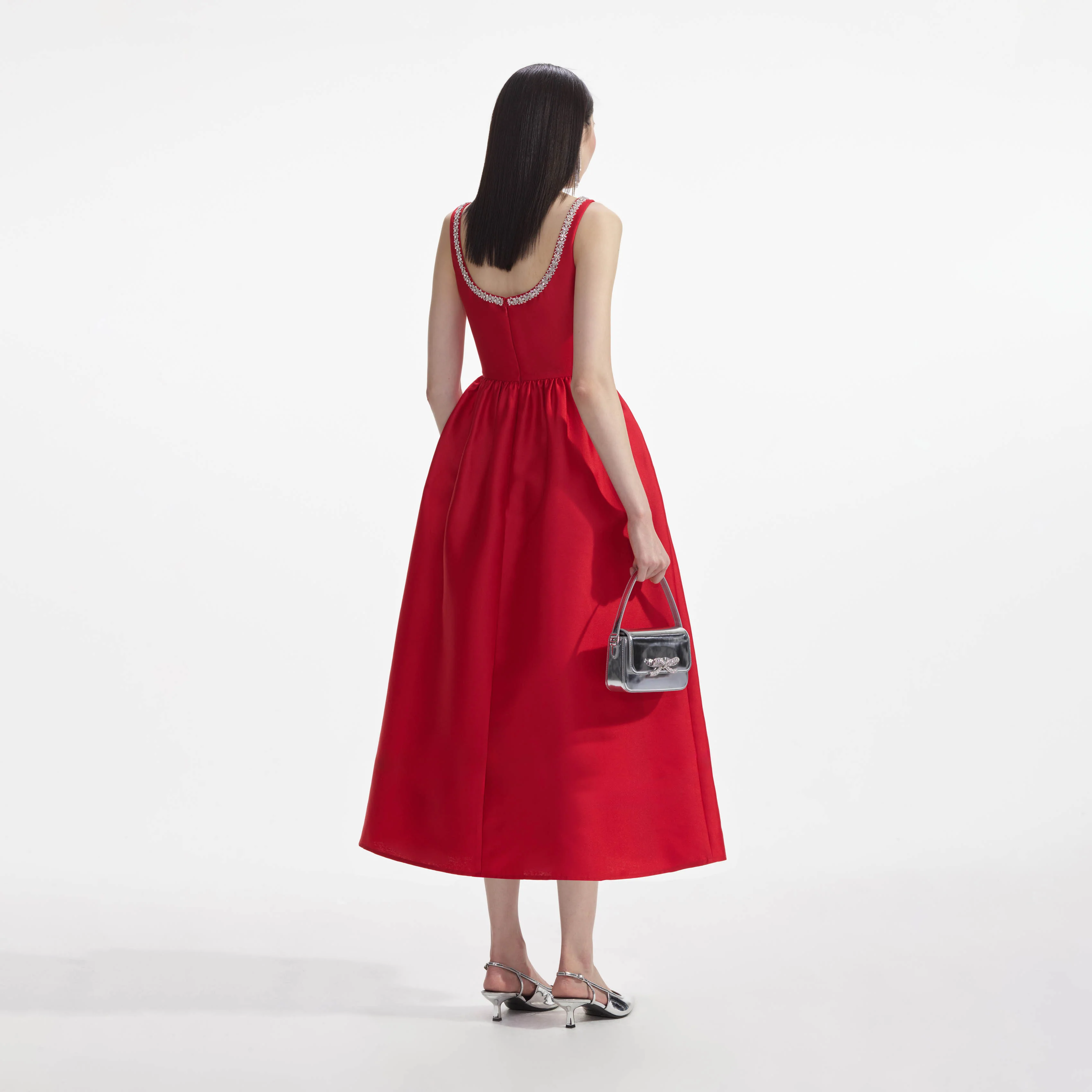 Red Taffeta Diamante Midi Dress - Image 3