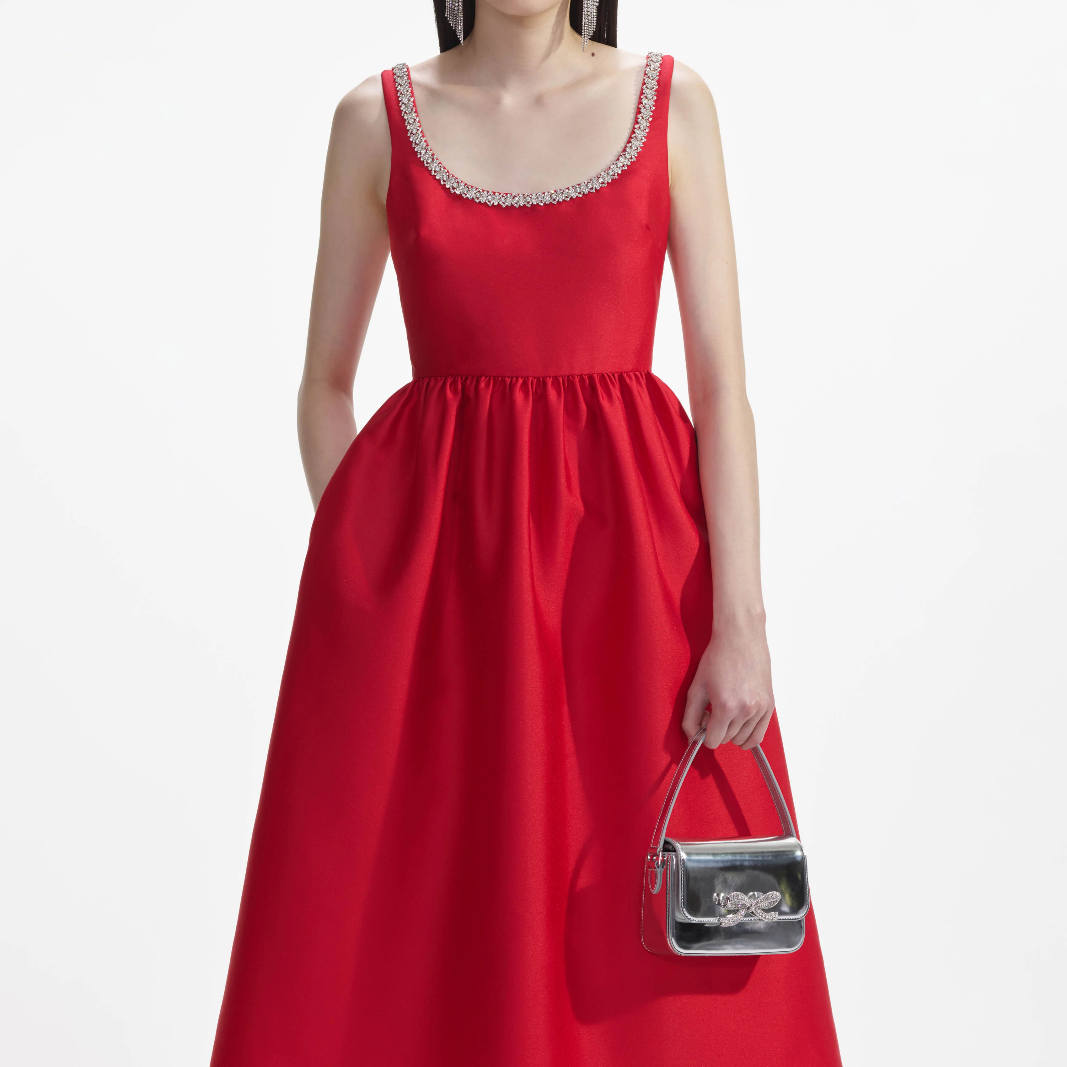 Red Taffeta Diamante Midi Dress - Image 4