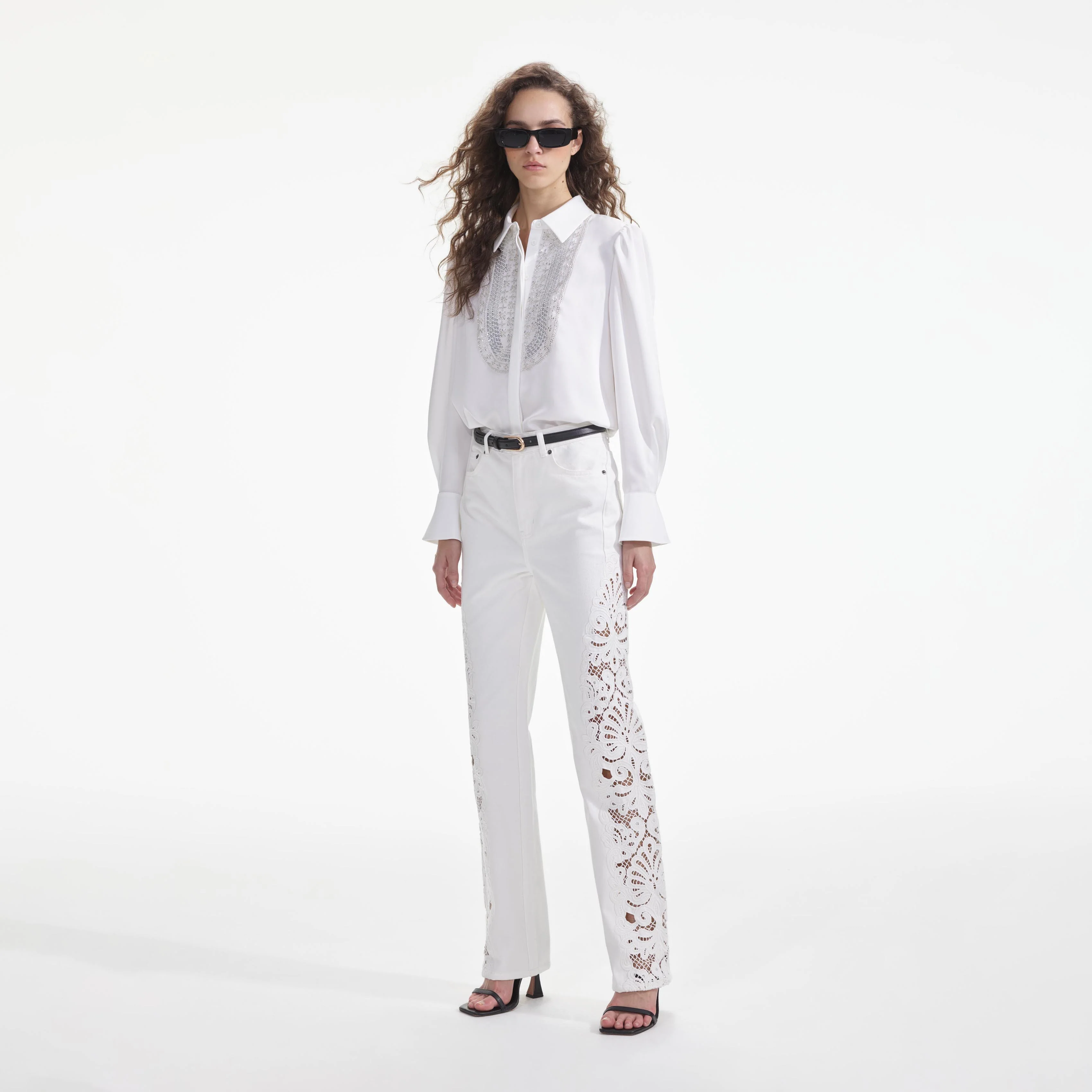 White Cutwork Denim Jeans - Image 2