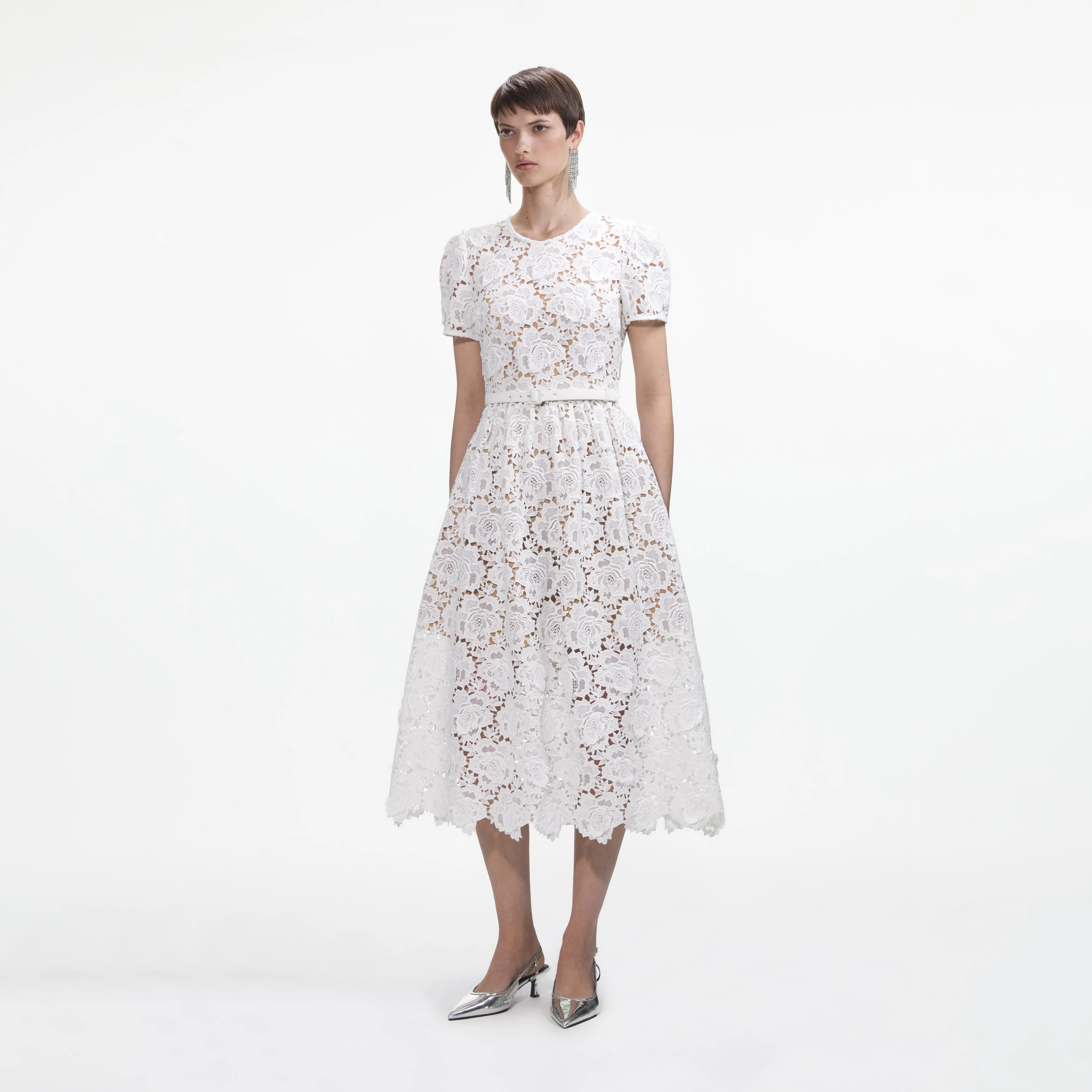 White Floral Lace Midi Dress - Image 2