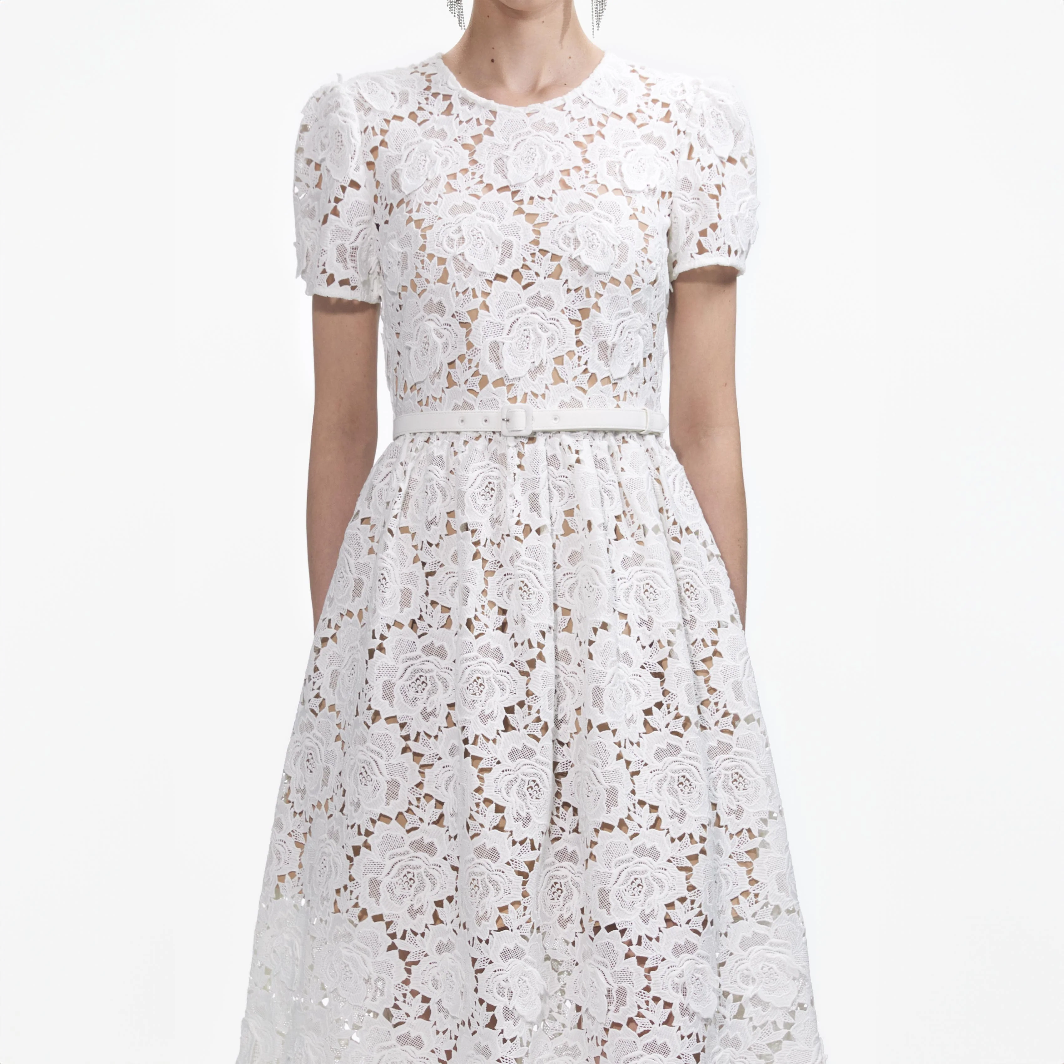 White Floral Lace Midi Dress - Image 4