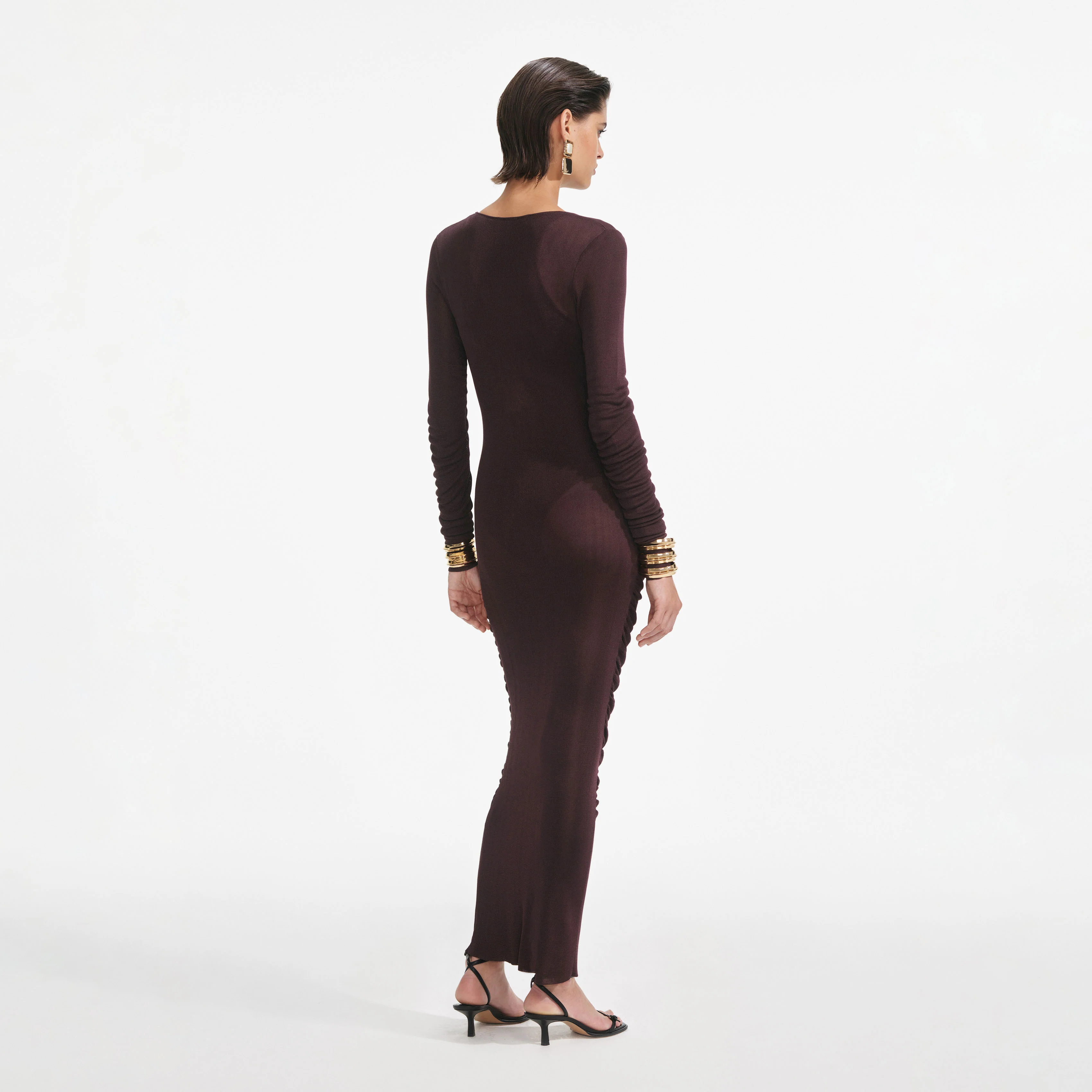 Brown Gathered Viscose Knit Midi Dress - Image 3