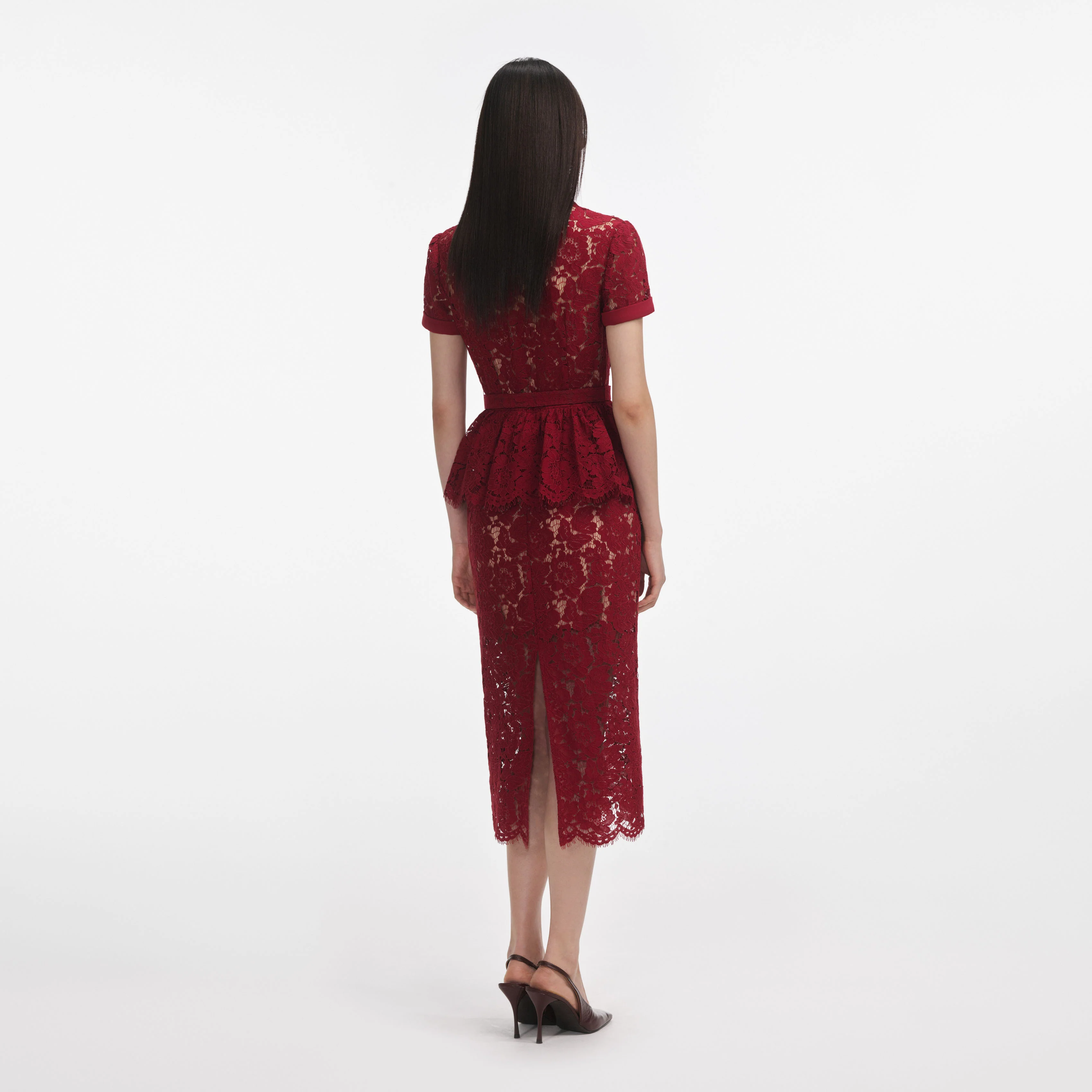 Burgundy Lace Peplum Midi Dress - Image 3