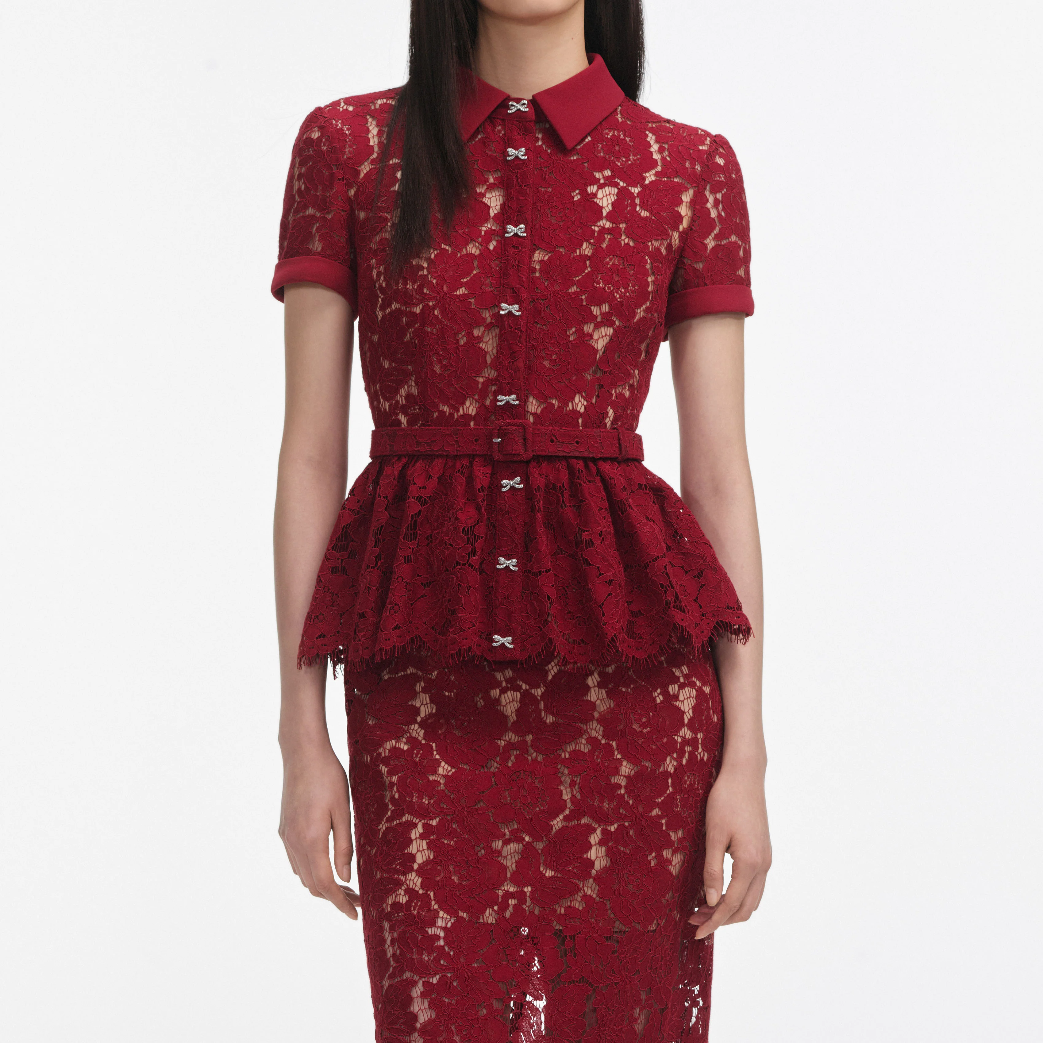 Burgundy Lace Peplum Midi Dress - Image 4