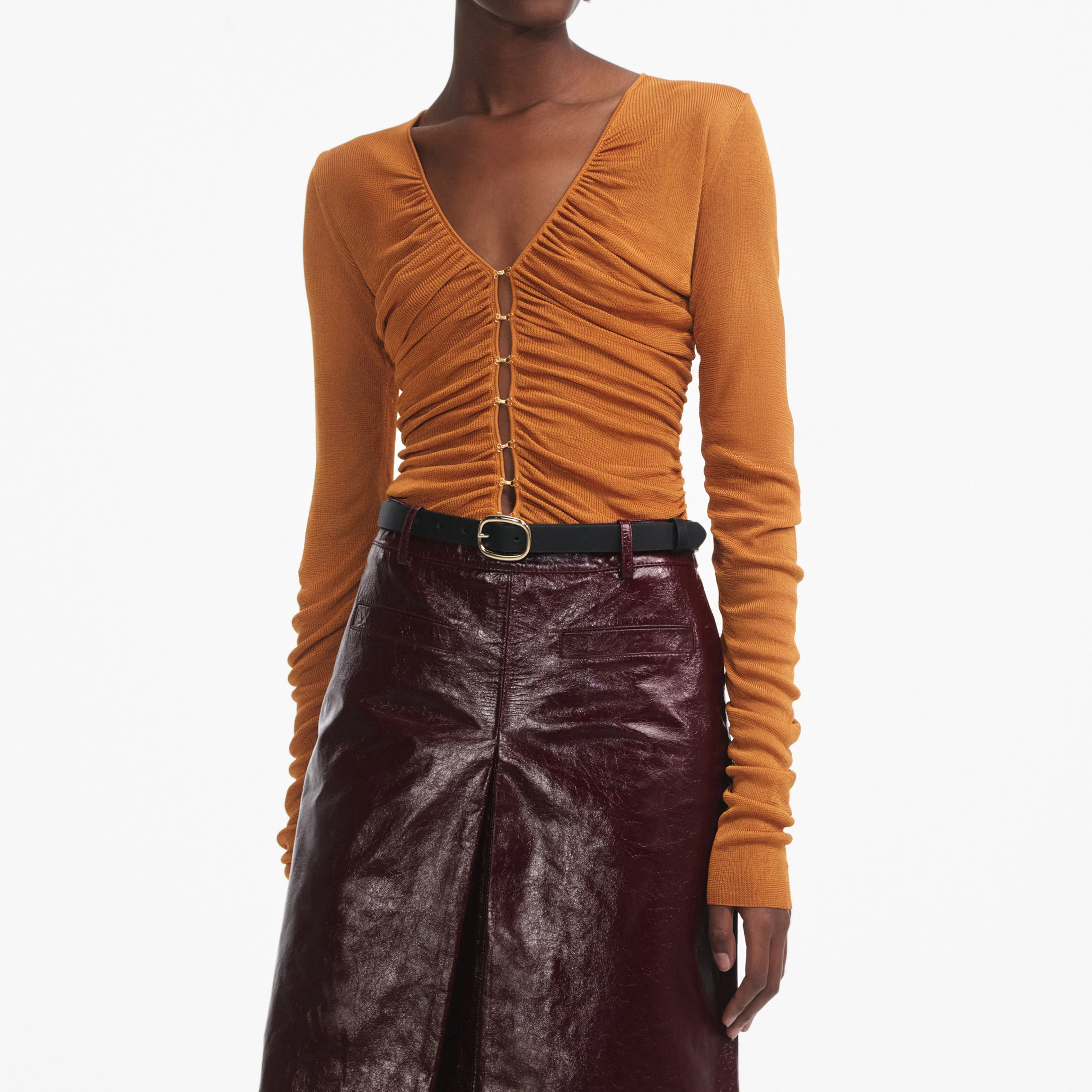 Burnt Orange V Neck Viscose Knit Top - Image 4