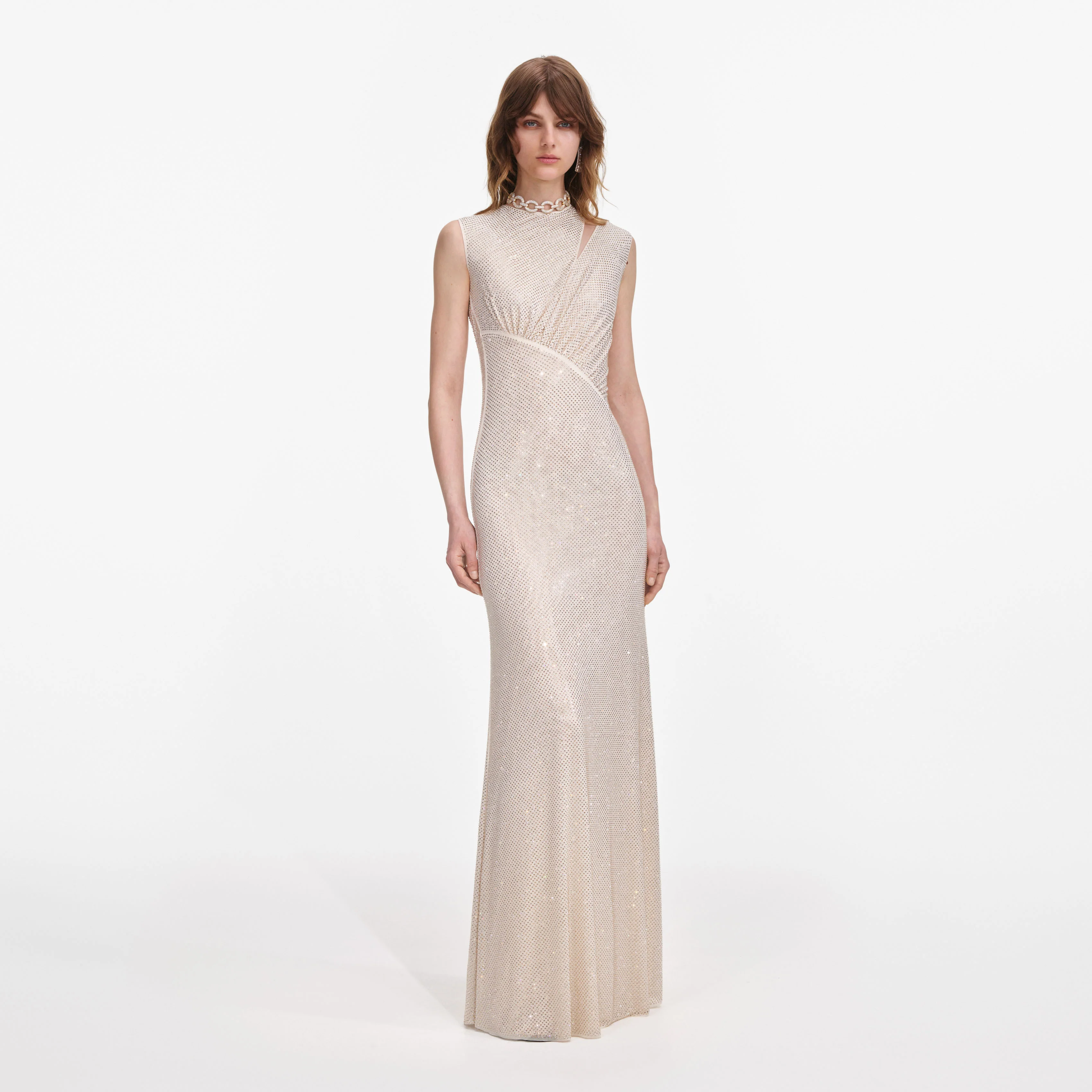 Champagne Rhinestone Cut Out Maxi Dress