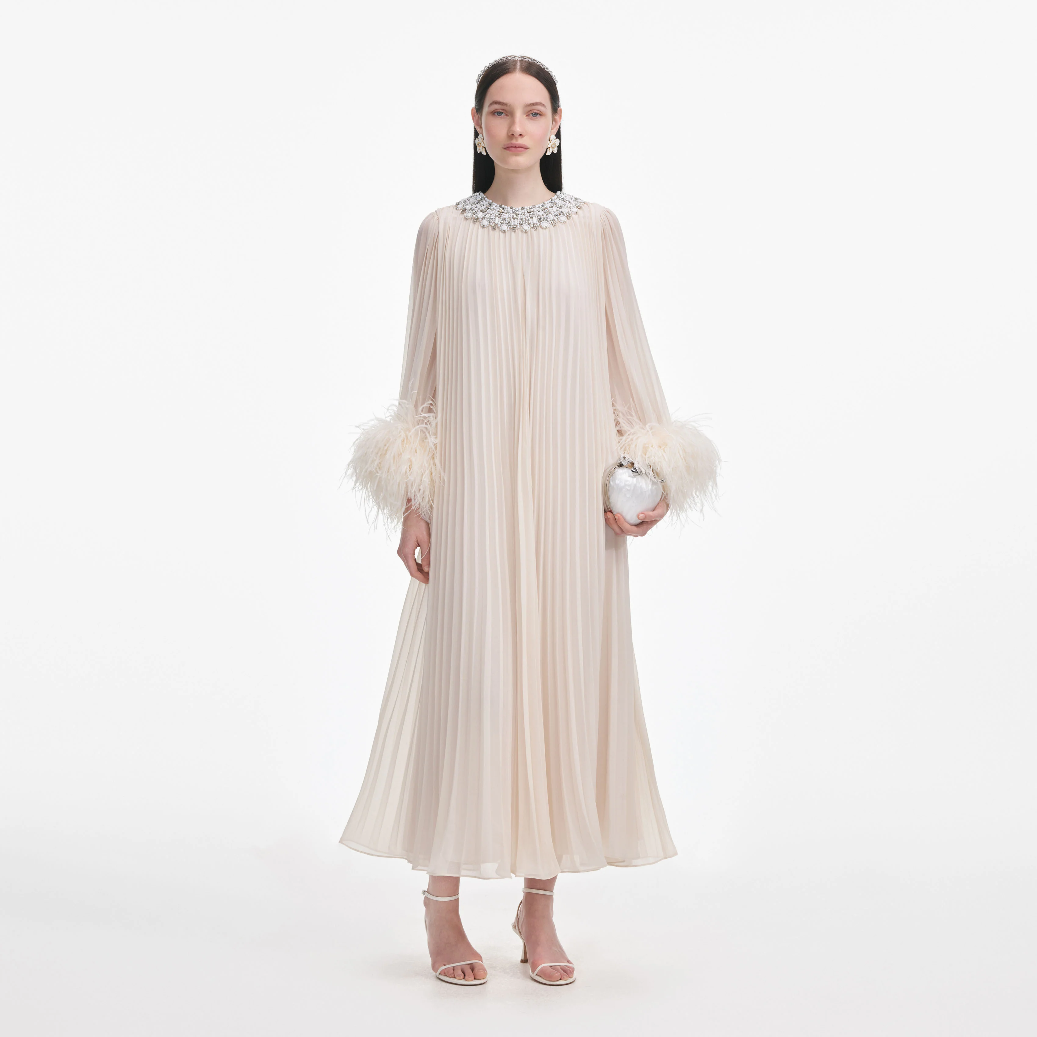 Cream Chiffon Feather Midi Dress