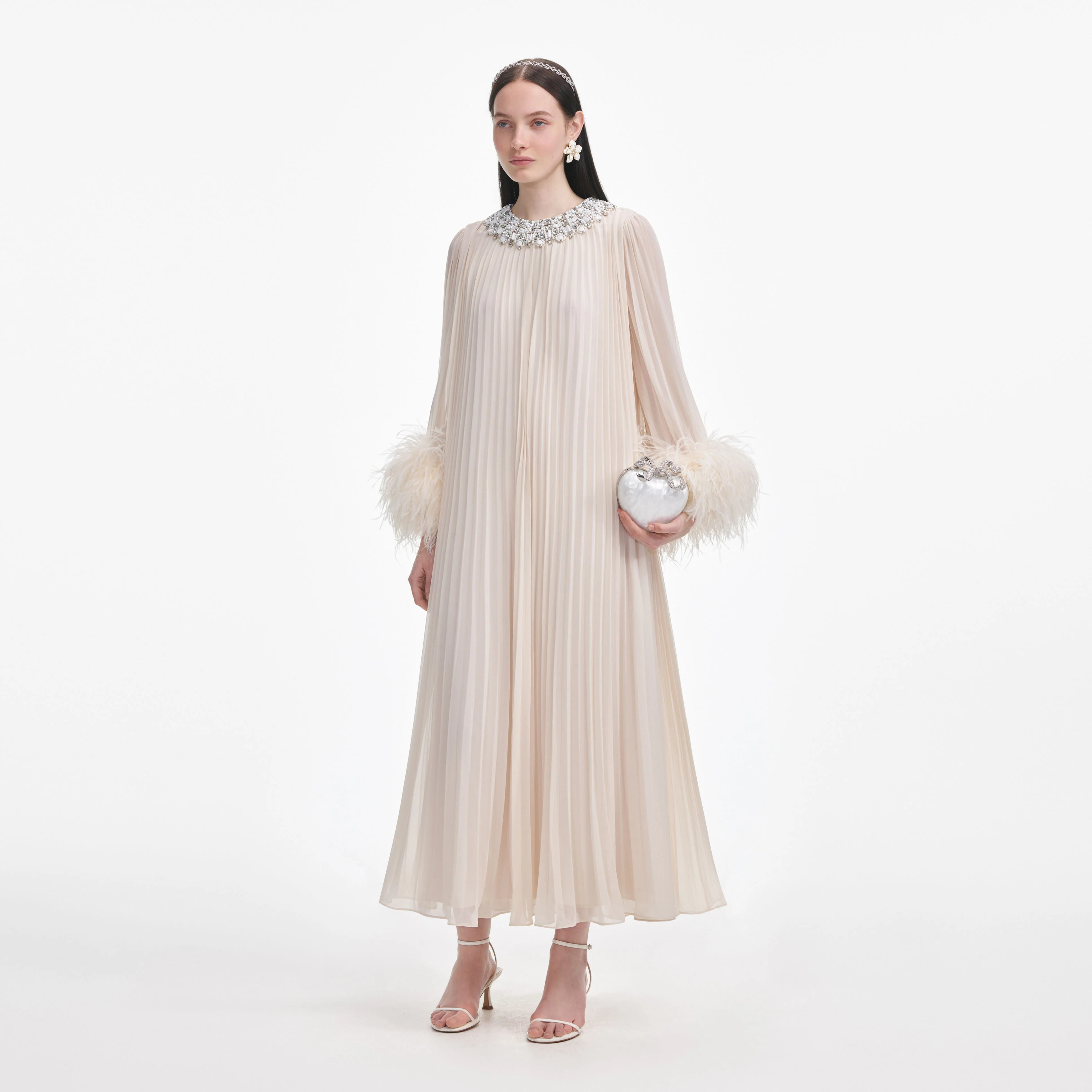 Cream Chiffon Feather Midi Dress - Image 2
