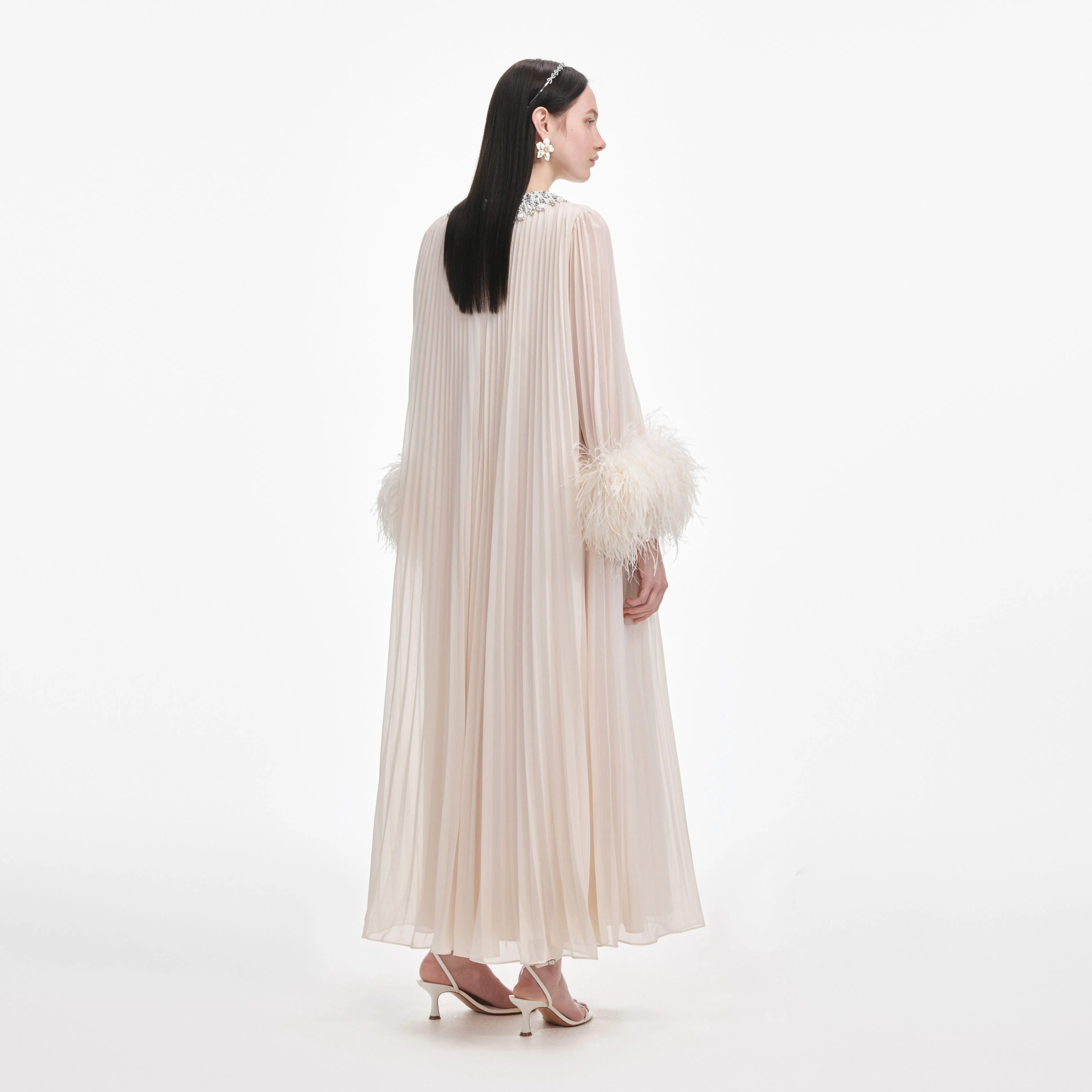 Cream Chiffon Feather Midi Dress - Image 3