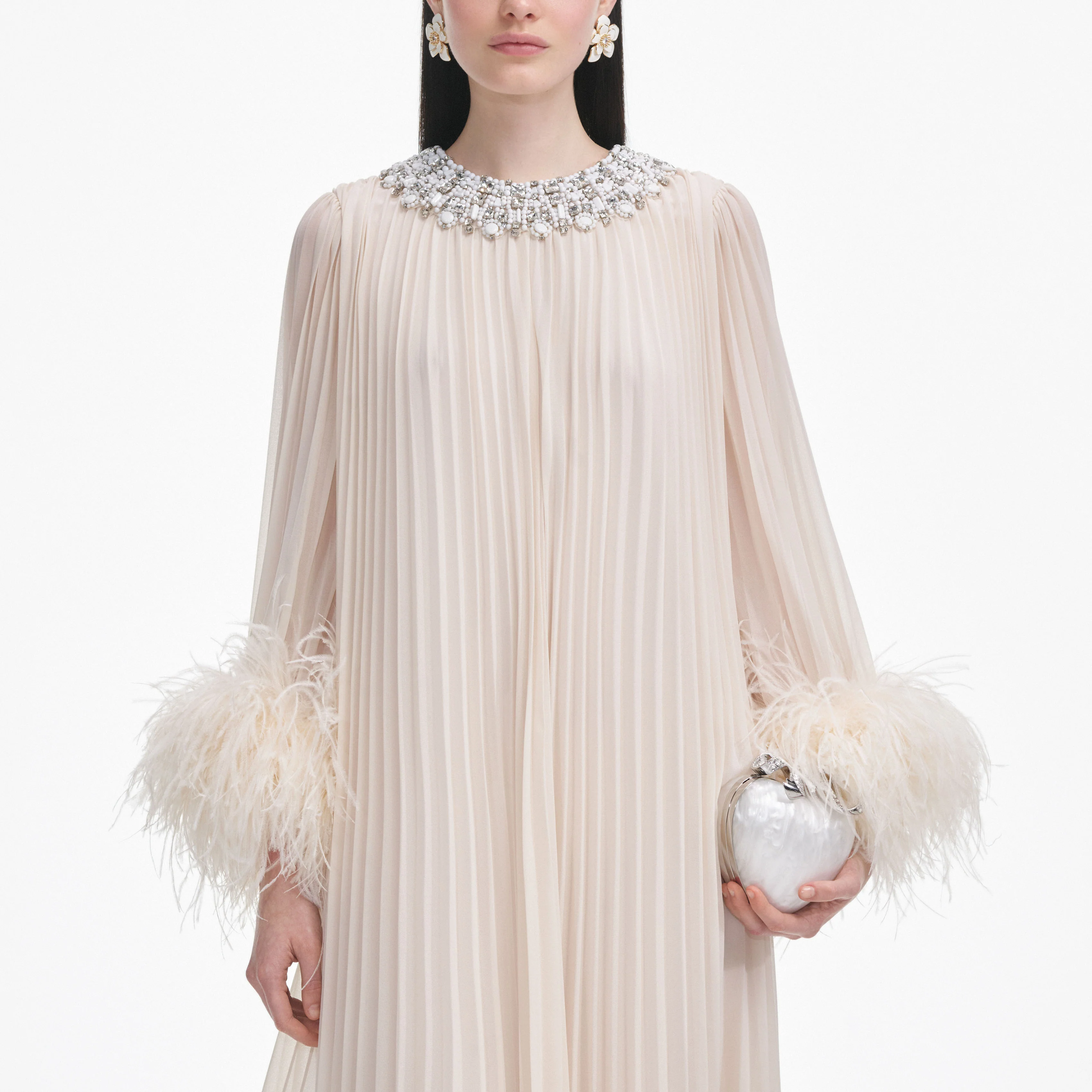 Cream Chiffon Feather Midi Dress - Image 4