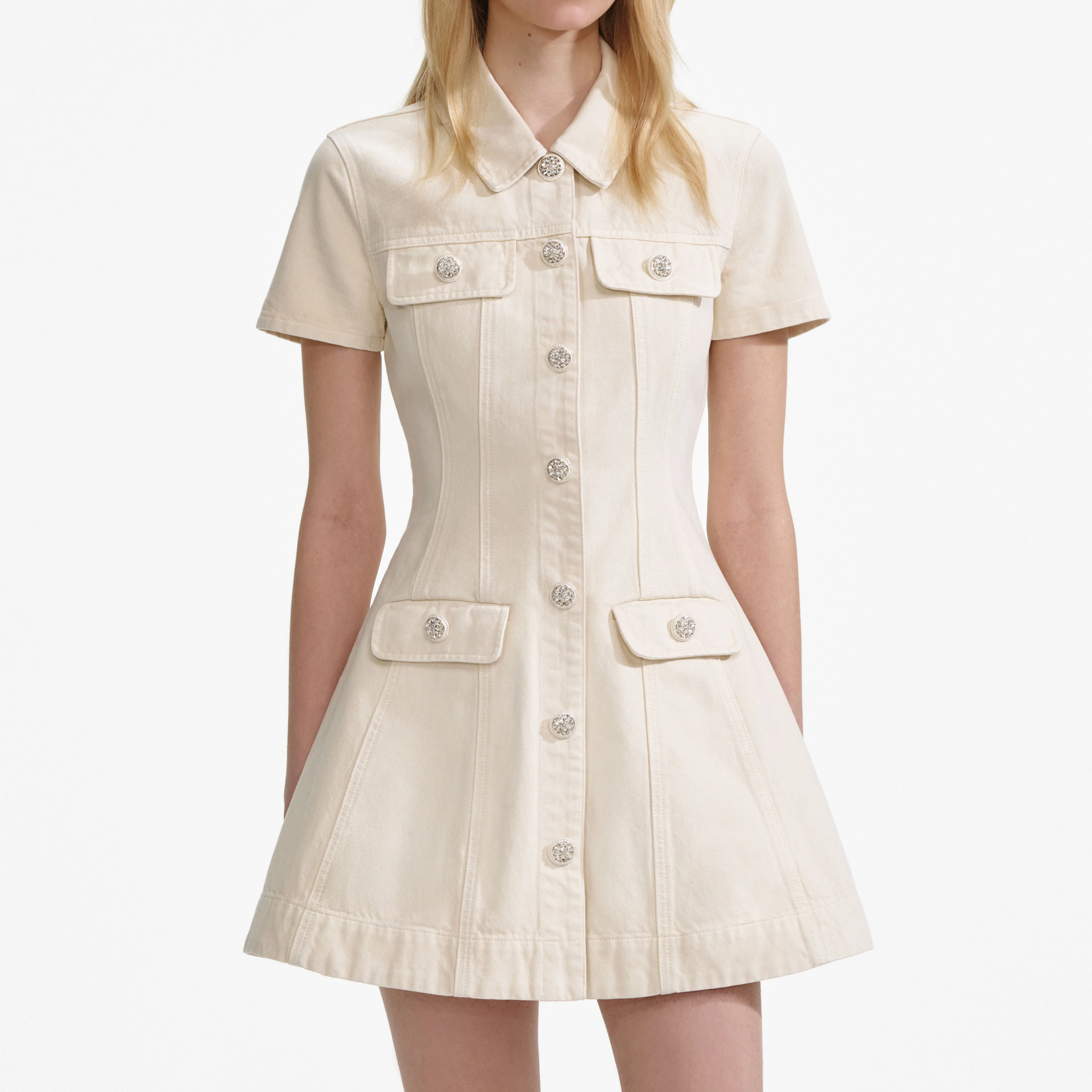 Cream Collared Denim Mini Dress - Image 4