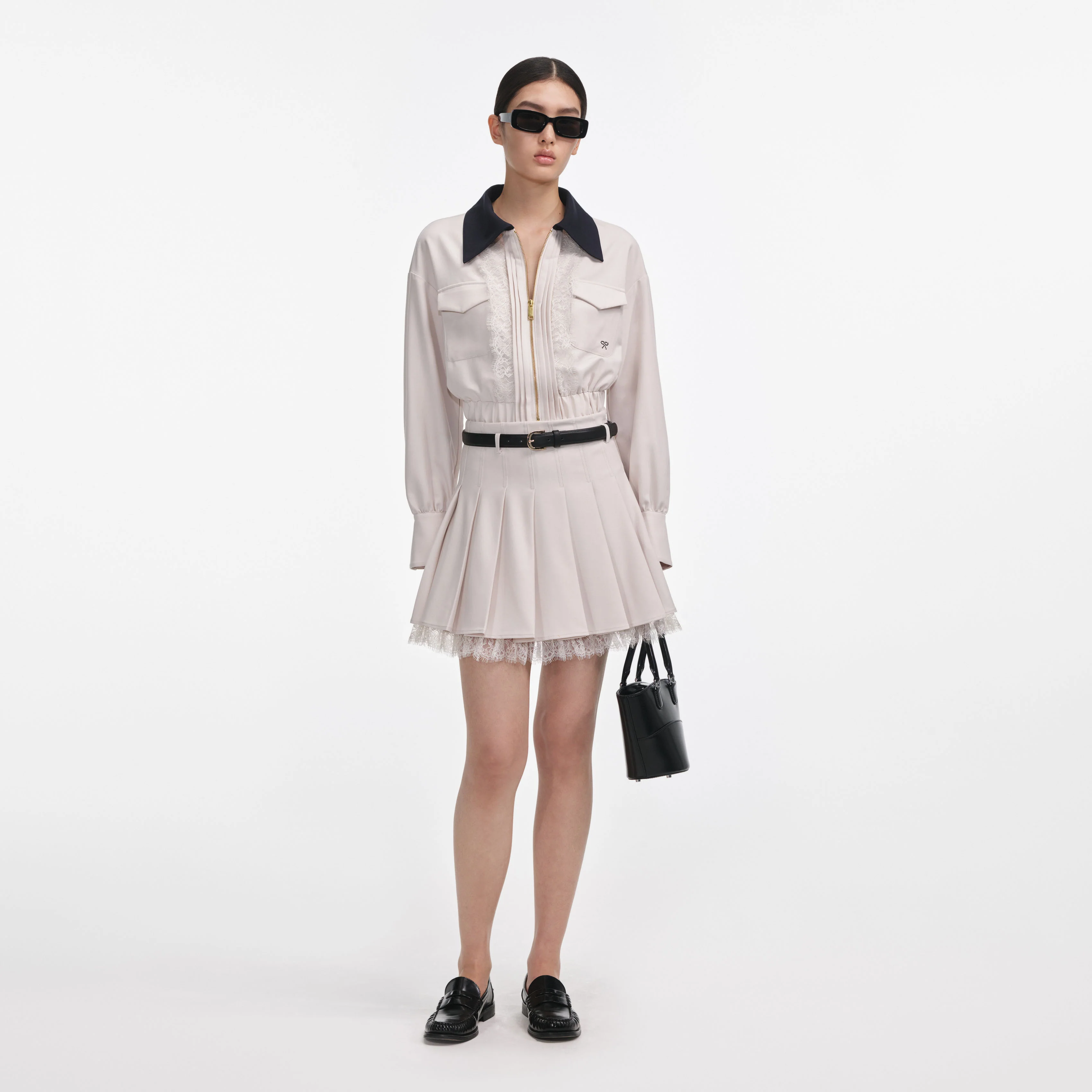 Cream Twill Pleated Mini Skirt