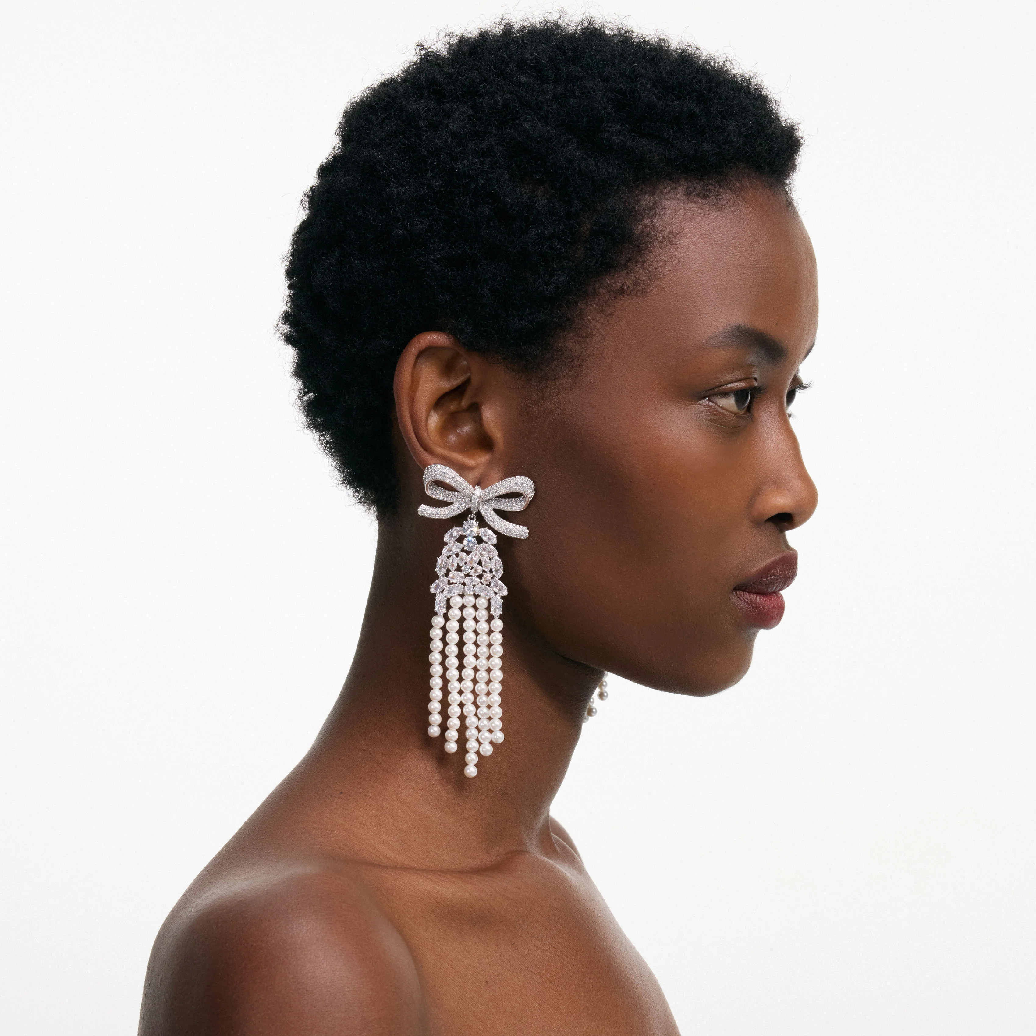 Crystal Bow Pearl Droplet Earrings - Image 4