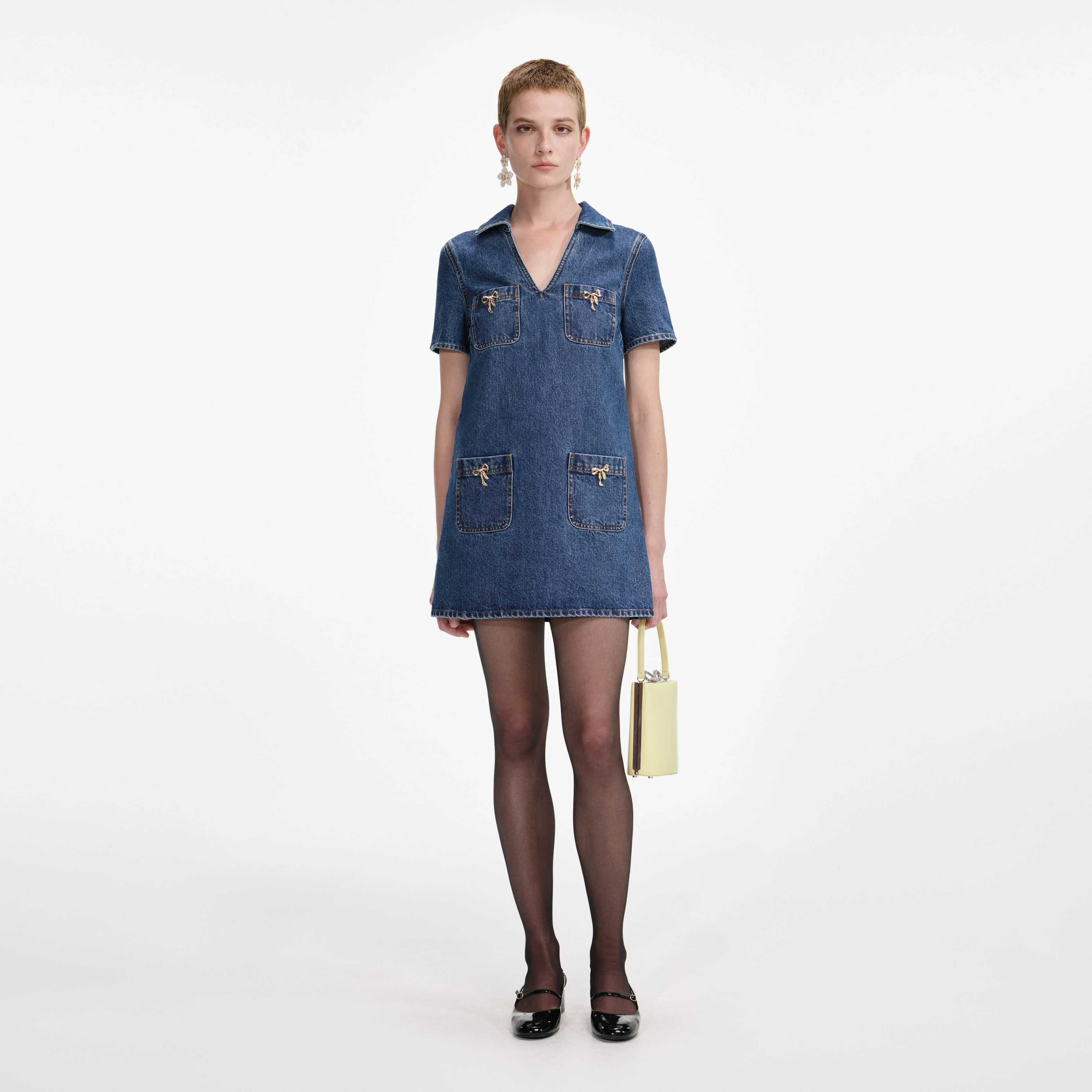 Denim Crystal Bow Mini Dress
