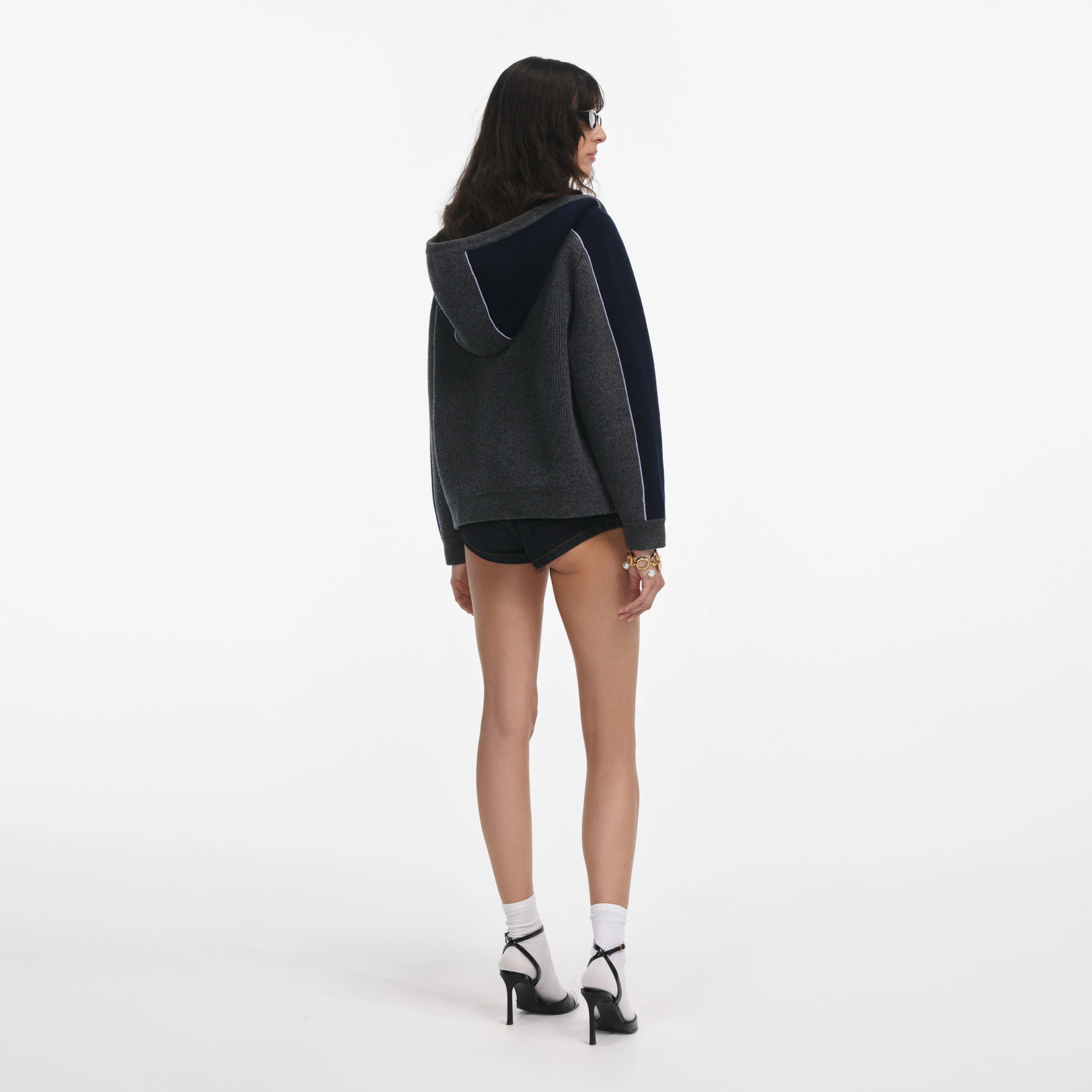 Grey Ribbed Knit Hoodie - Image 3