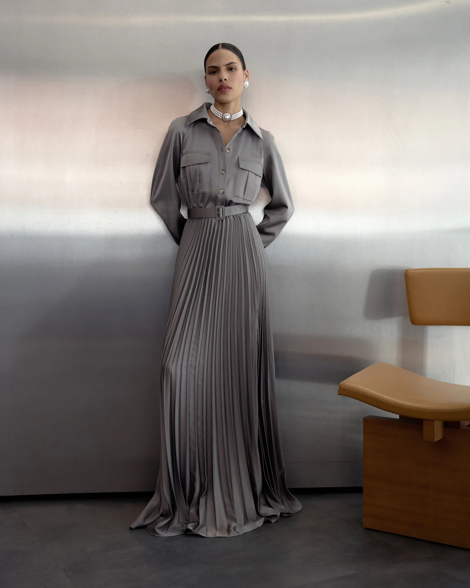 Grey Satin Pleated Maxi Dress - Image 6