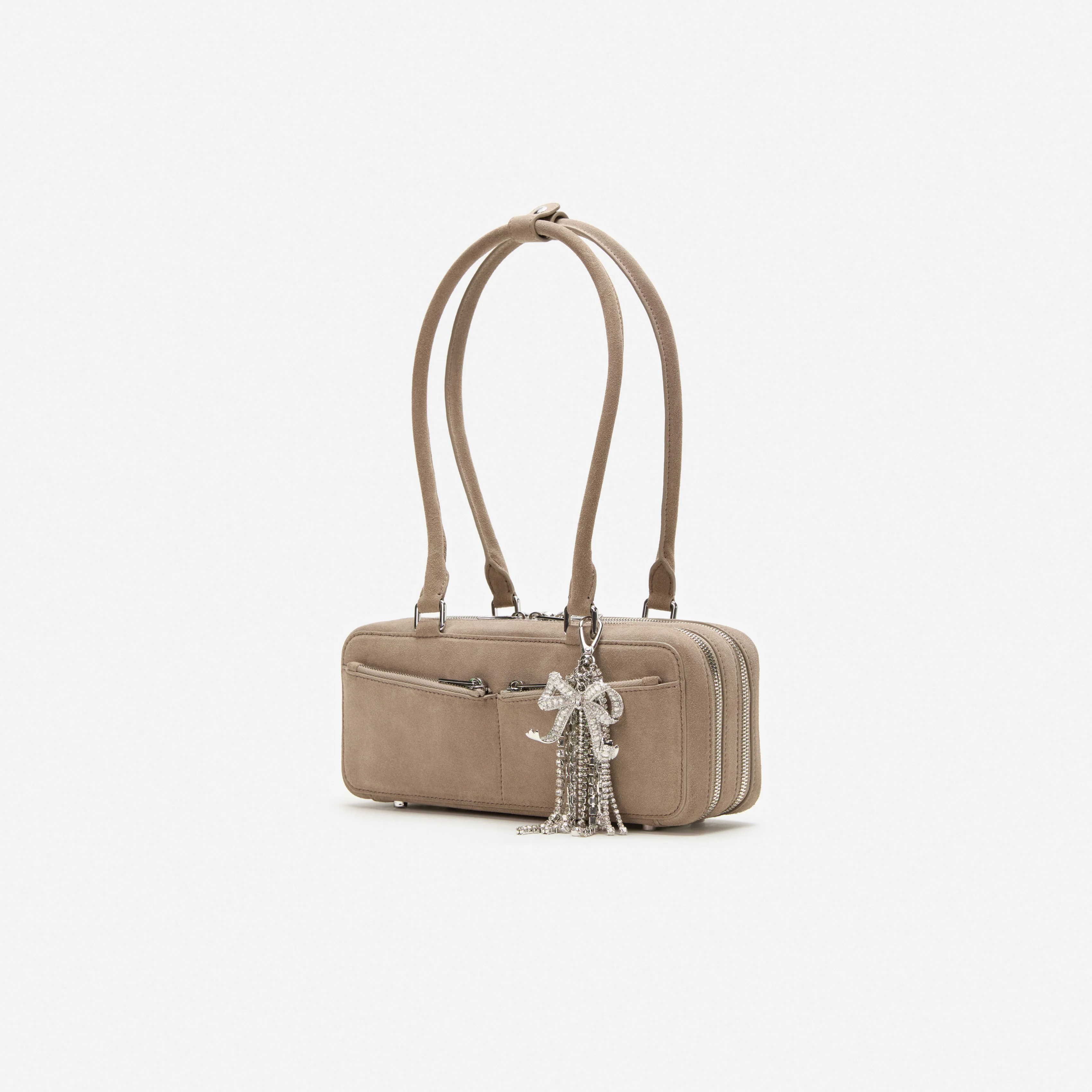 Grey Suede Shoulder Bag With Charm - Image 2