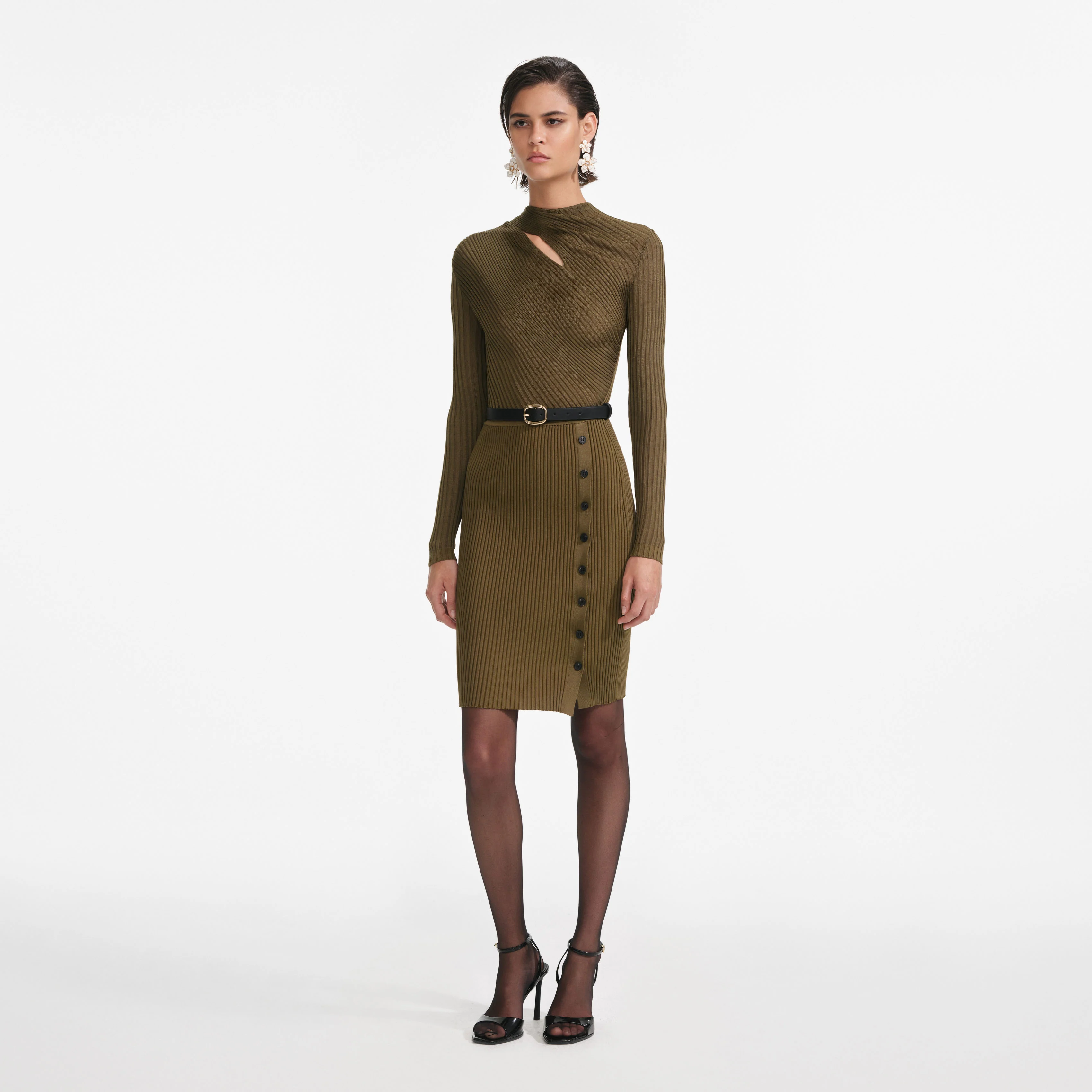 Khaki Cut Out Rib Knit Mini Dress - Image 2