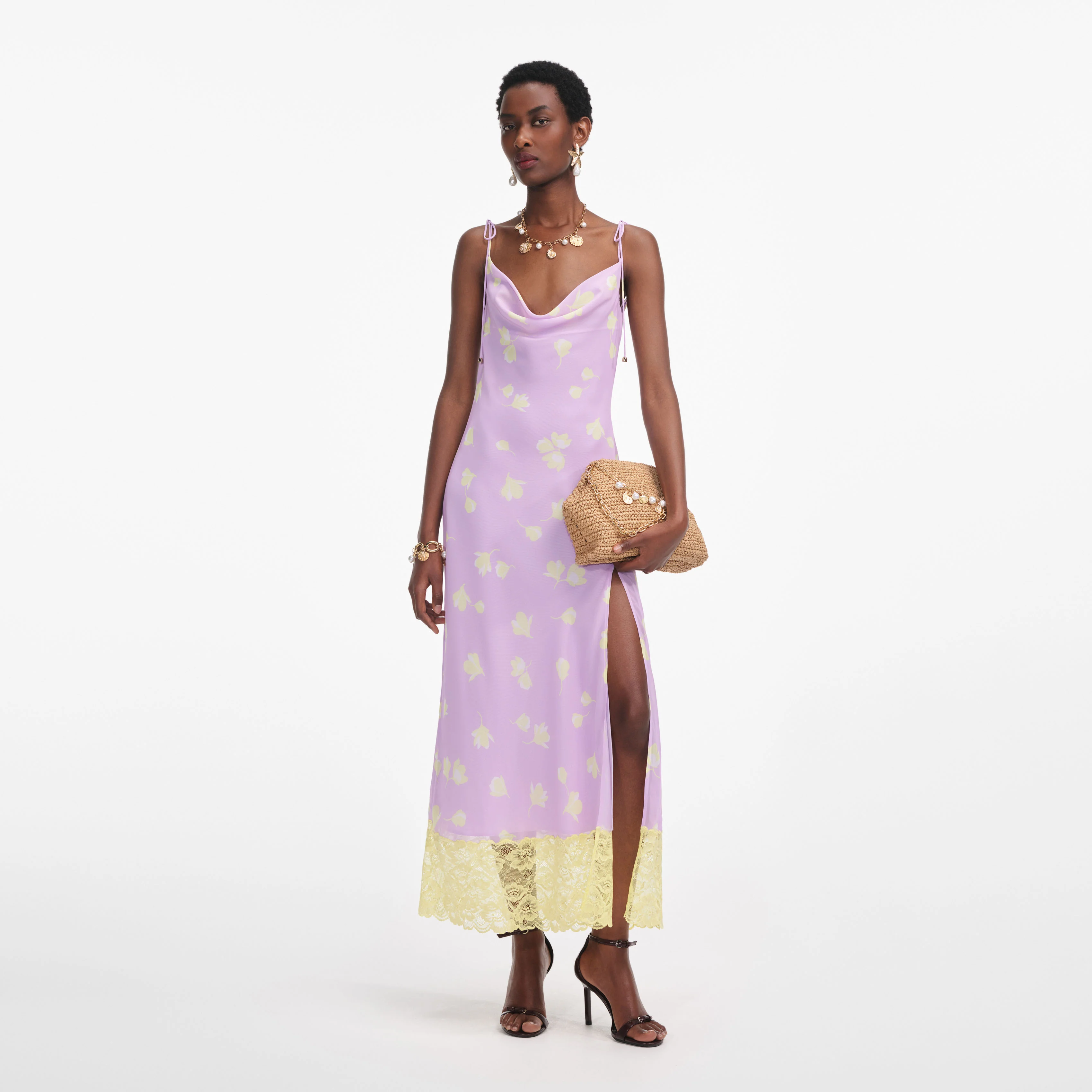 Lilac Floral Chiffon Midi Dress