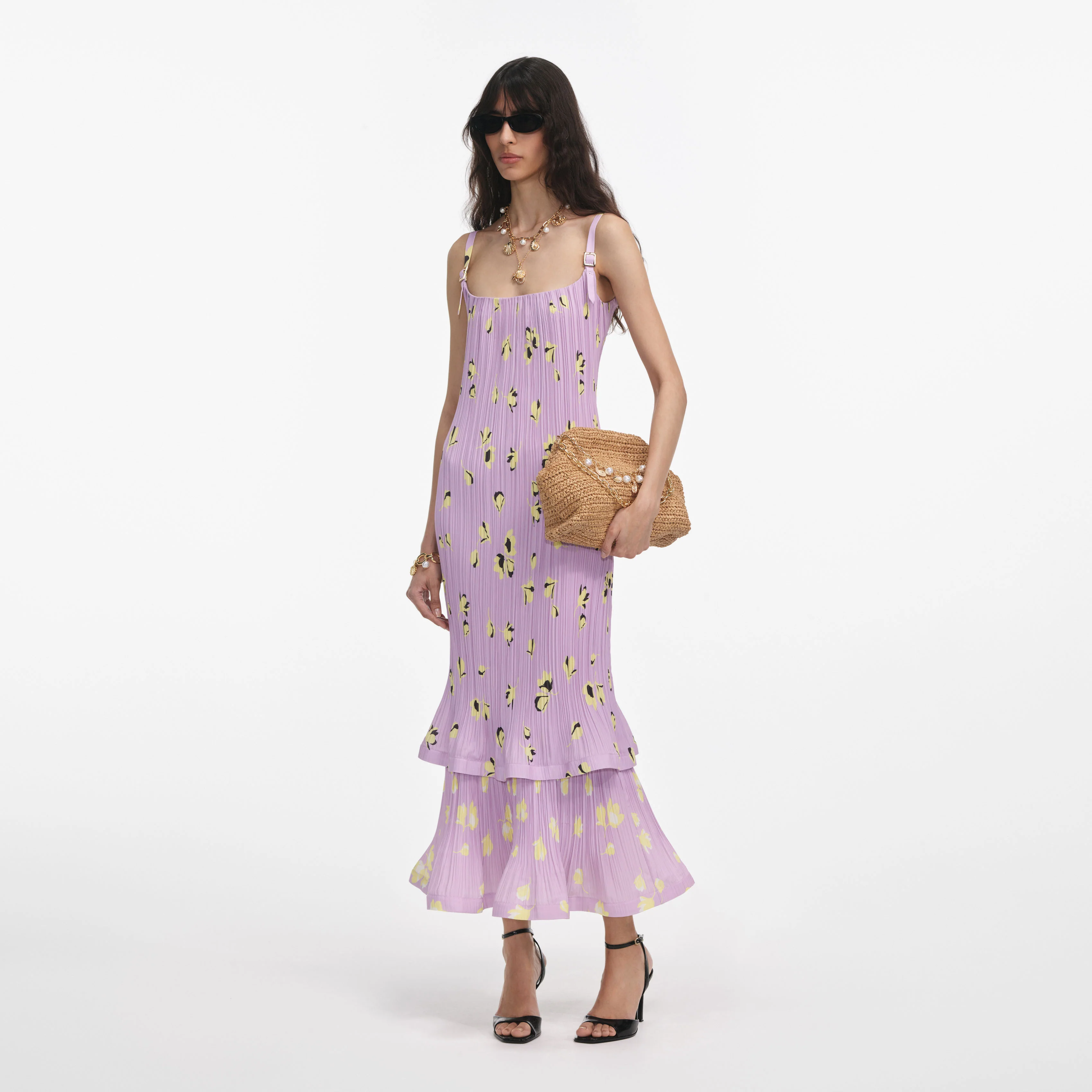 Lilac Floral Plisse Midi Dress - Image 2