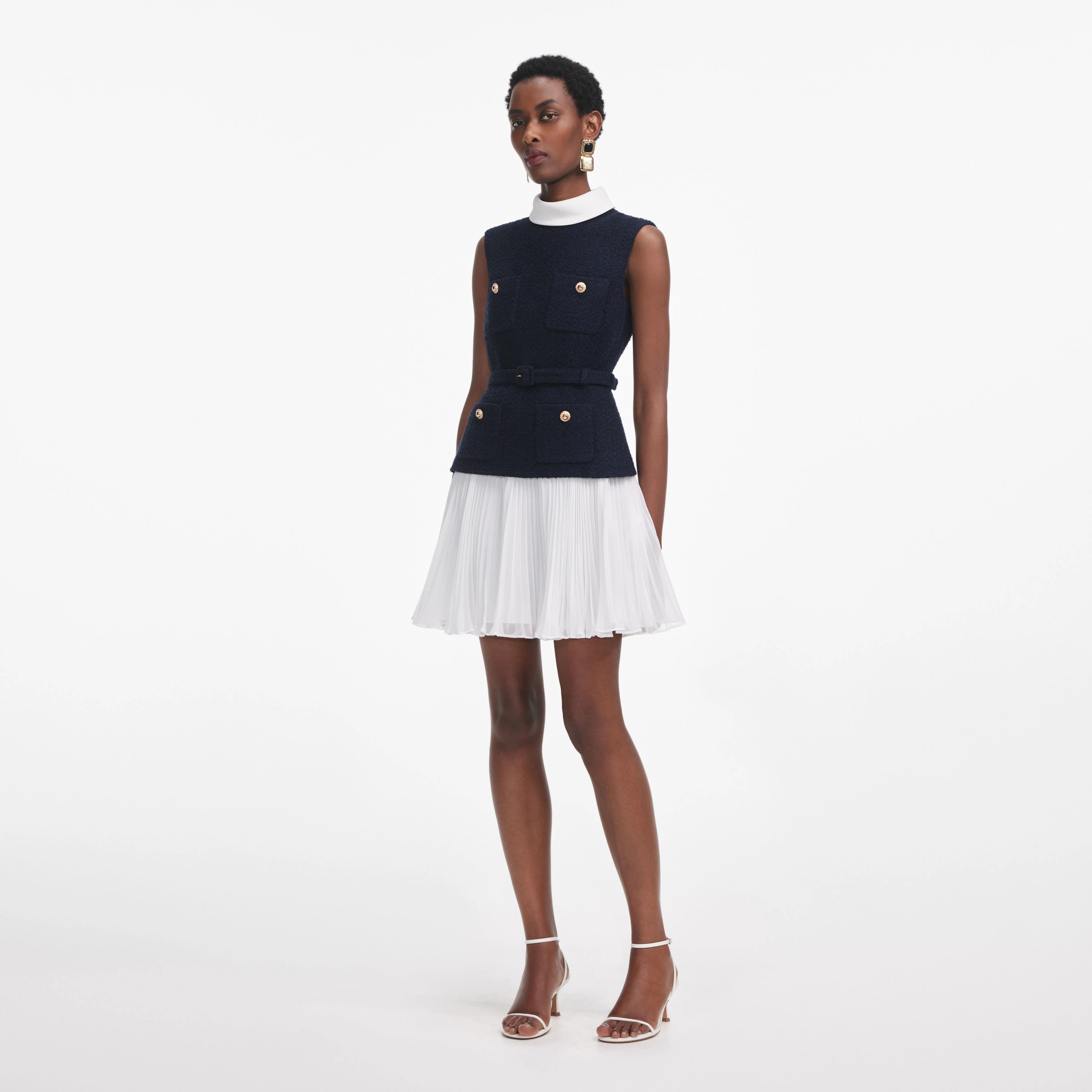 Navy Boucle And Chiffon Mini Dress - Image 2