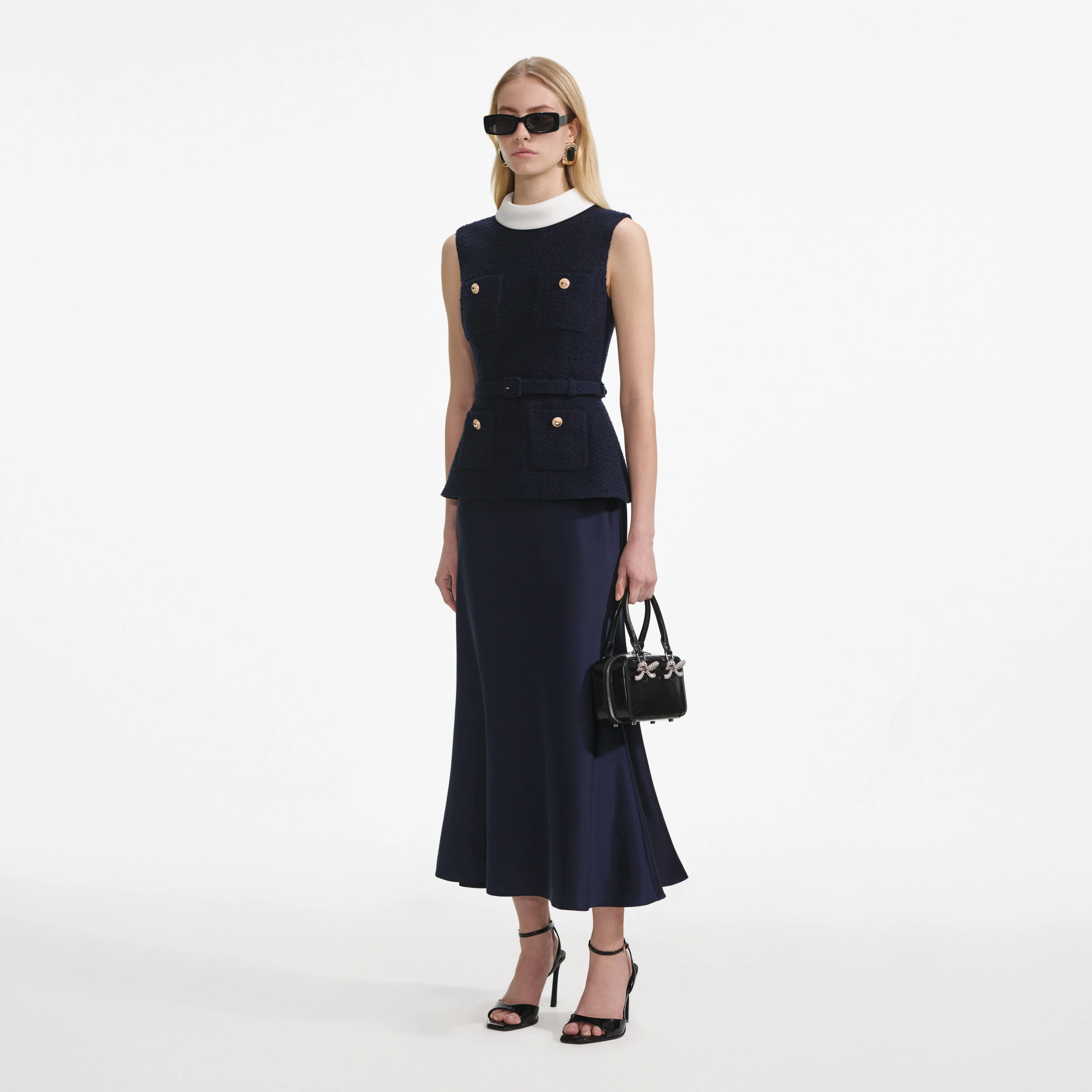 Navy Boucle Sleeveless Midi Dress - Image 2