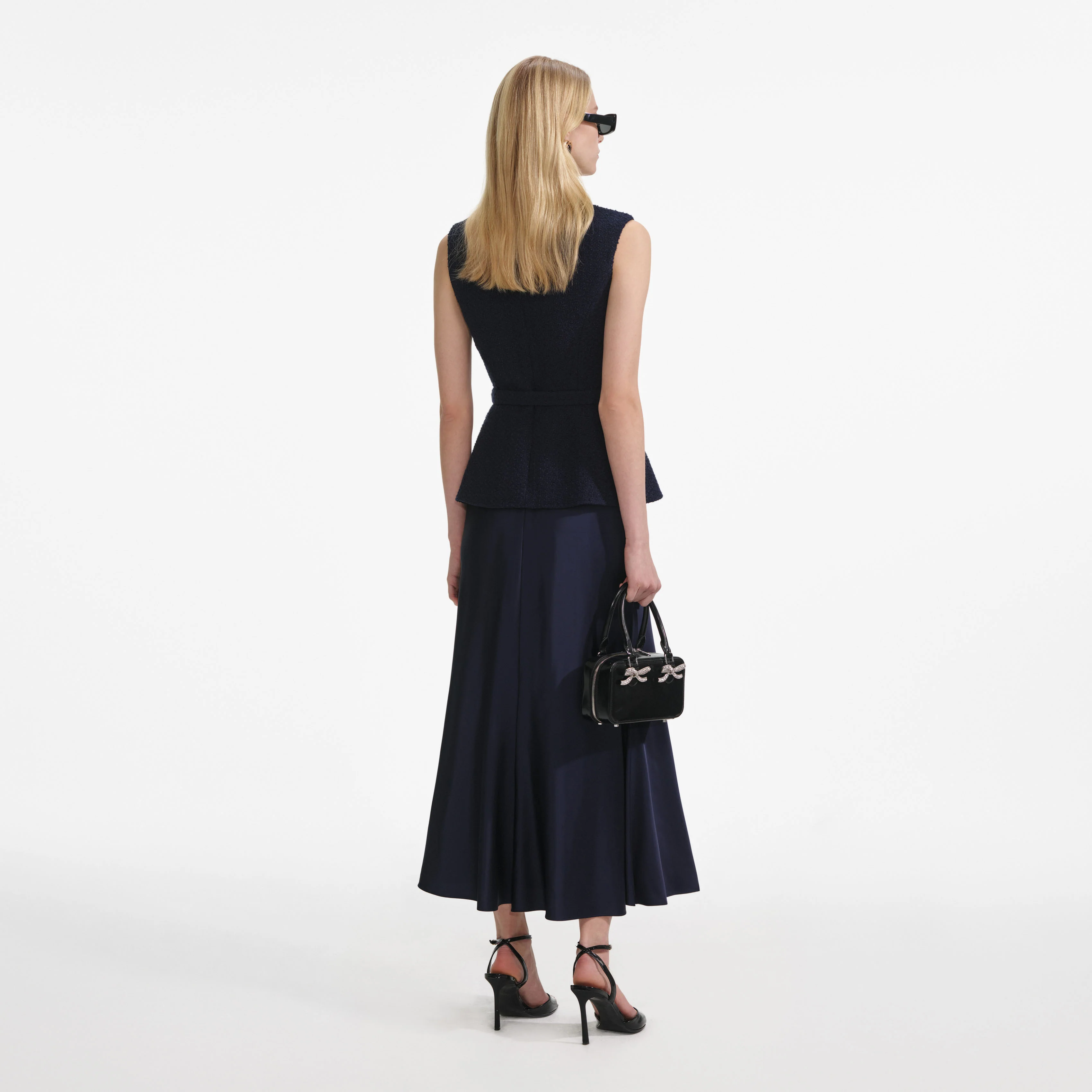 Navy Boucle Sleeveless Midi Dress - Image 3