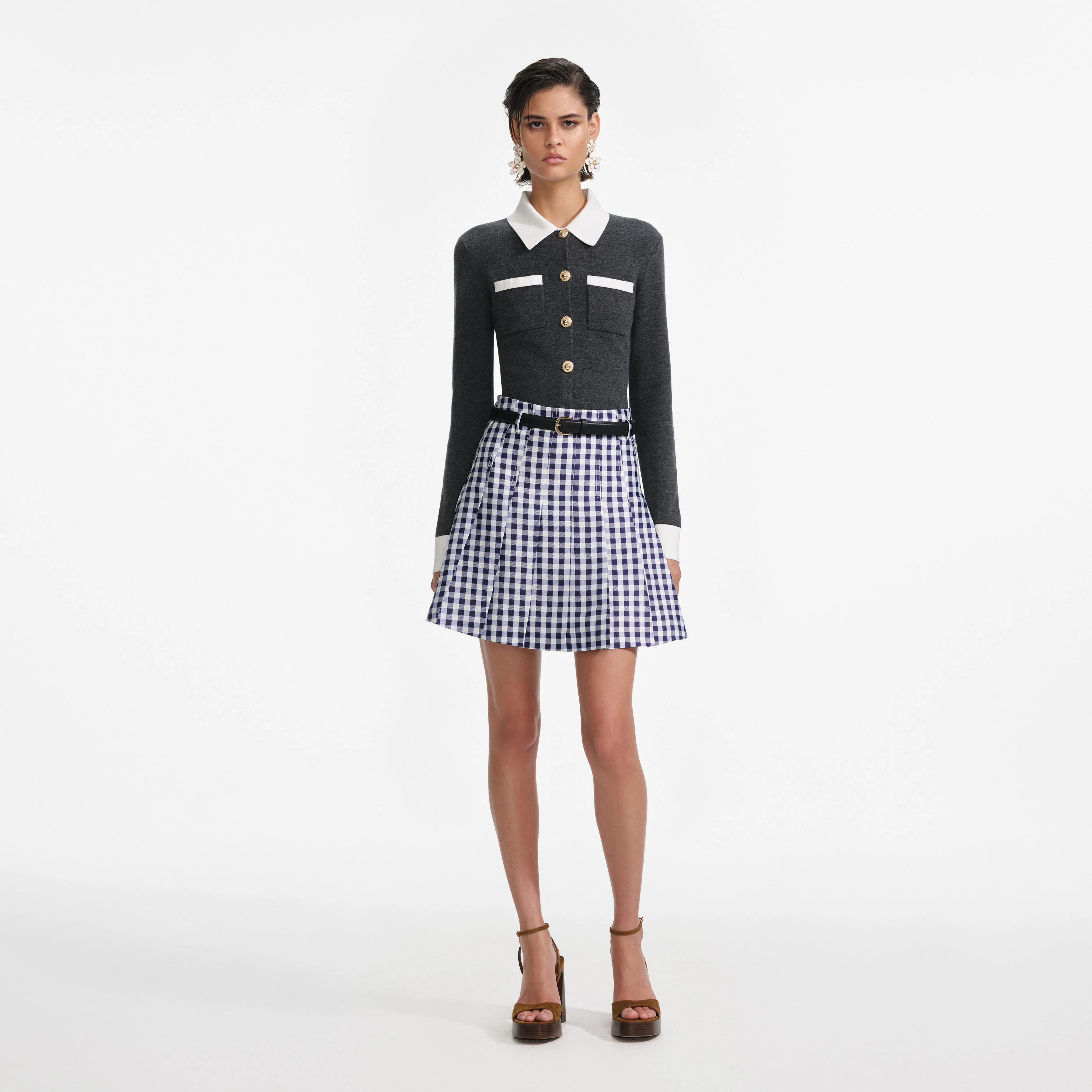 Navy Gingham Pleated Taffeta Mini Skirt
