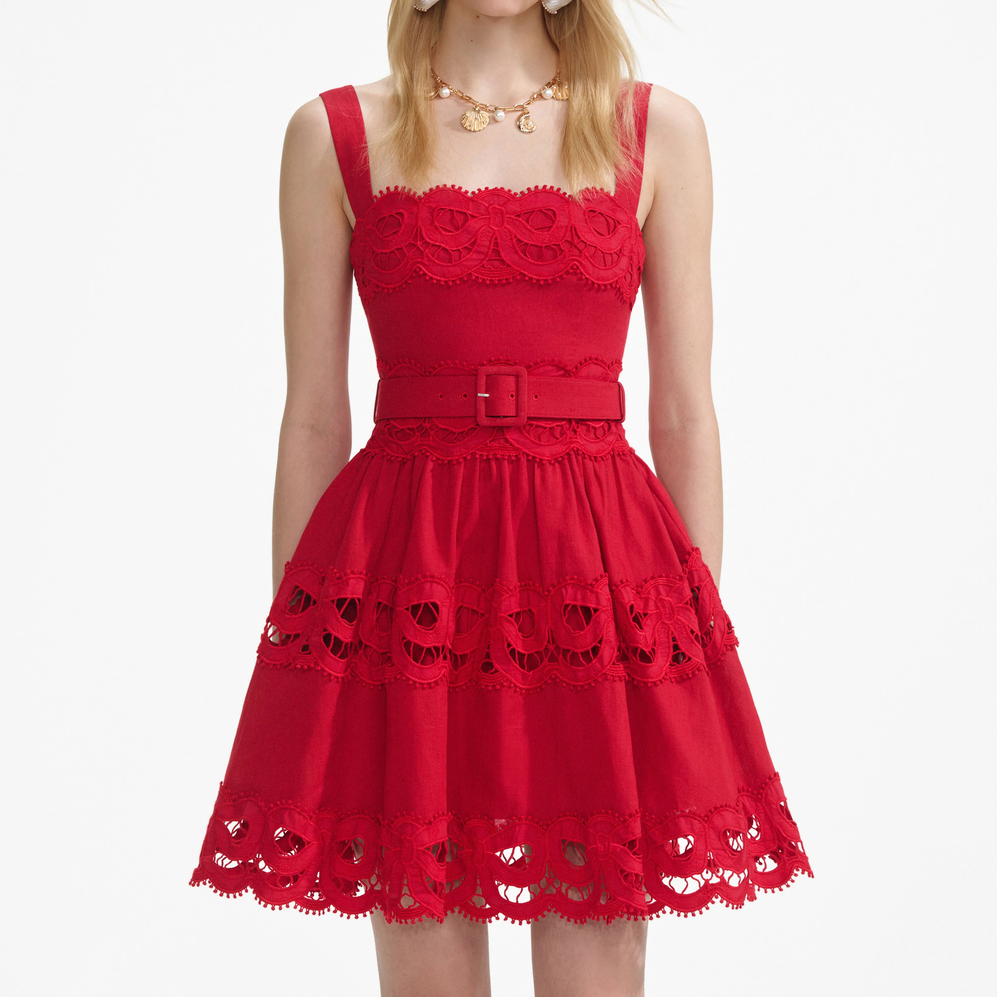Red Linen Lace Insert Mini Dress - Image 4
