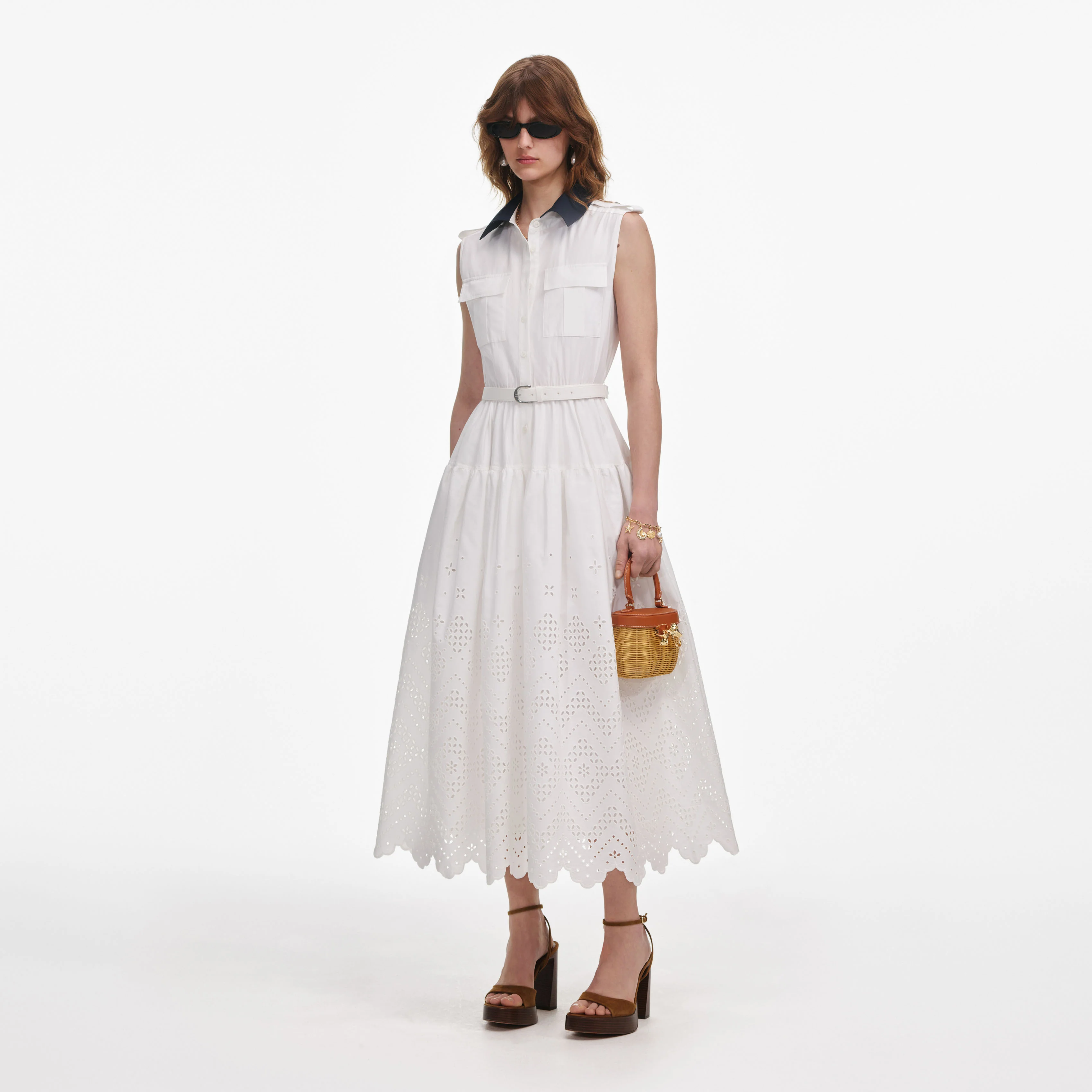 White Contrast Collar Broderie Midi Dress - Image 2