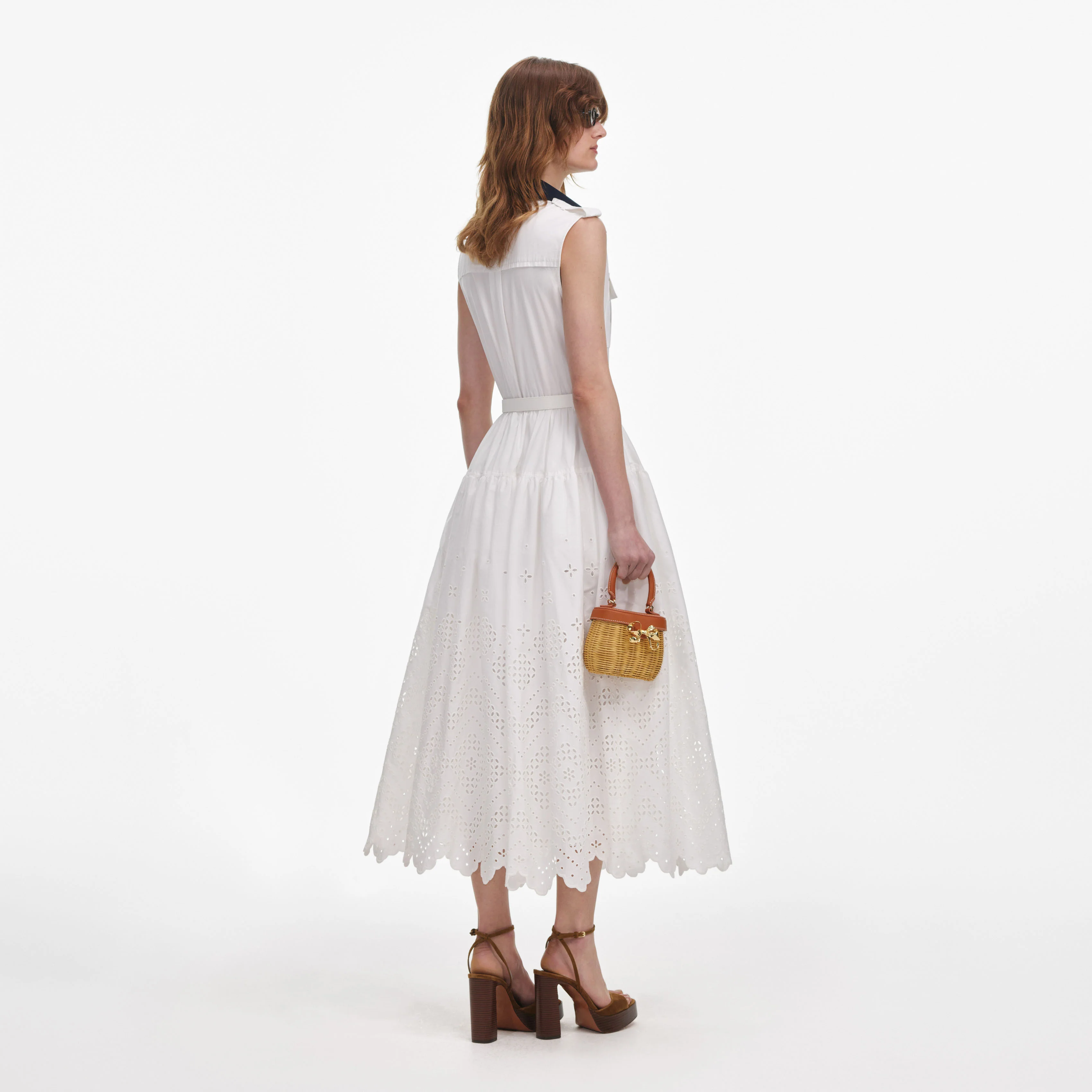 White Contrast Collar Broderie Midi Dress - Image 3