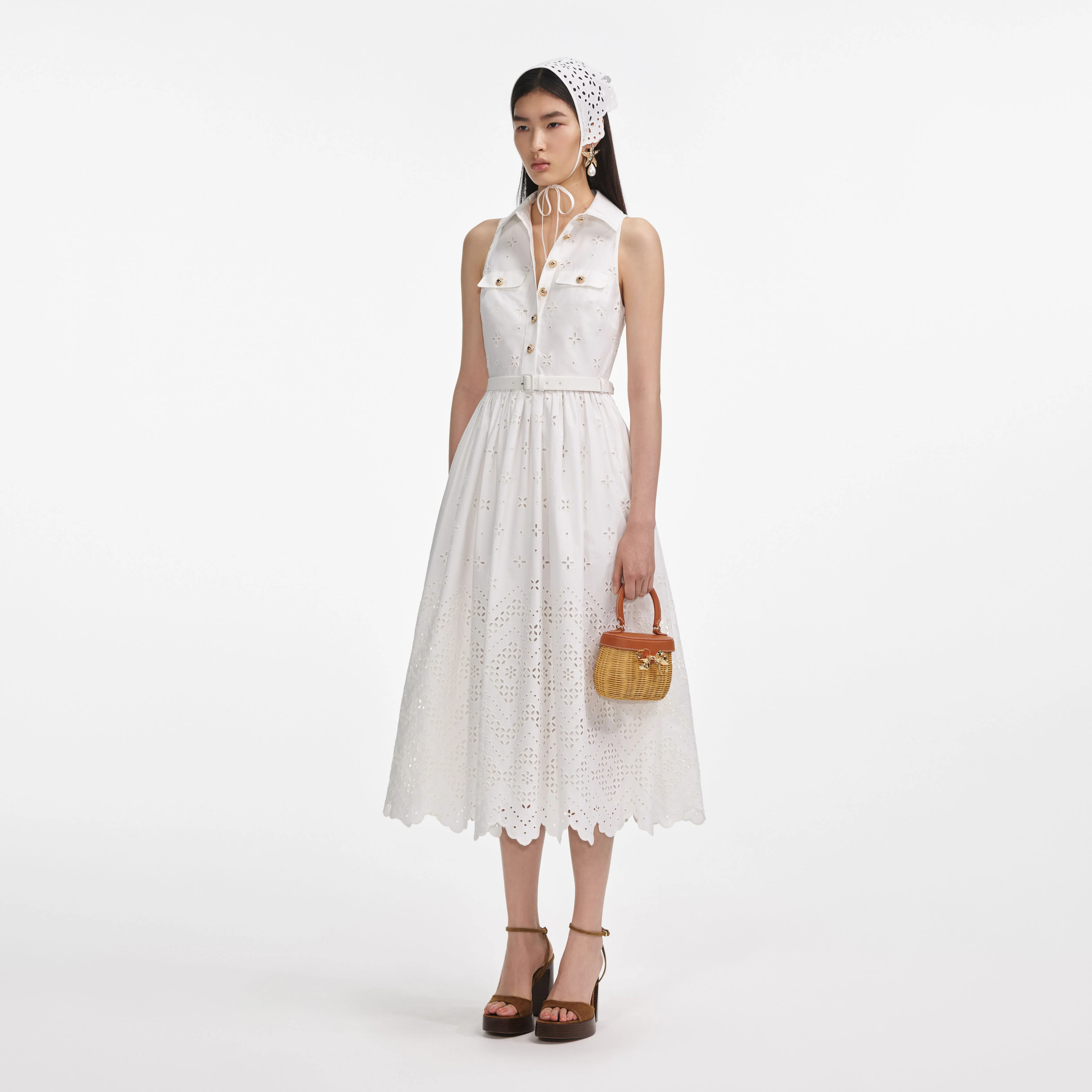 White Cotton Broderie Collared Midi Dress - Image 2