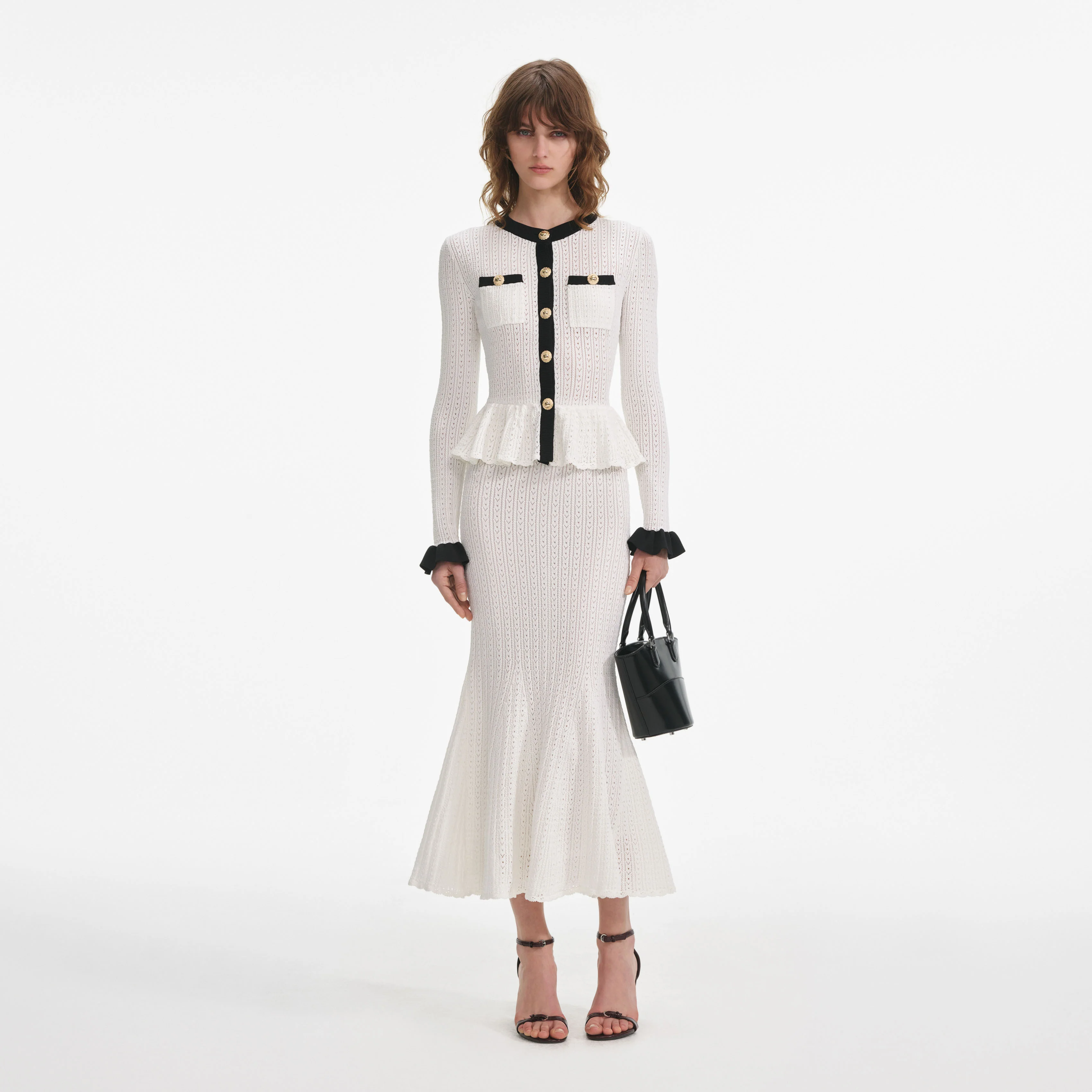 White Pointelle Knit Contrast Midi Dress