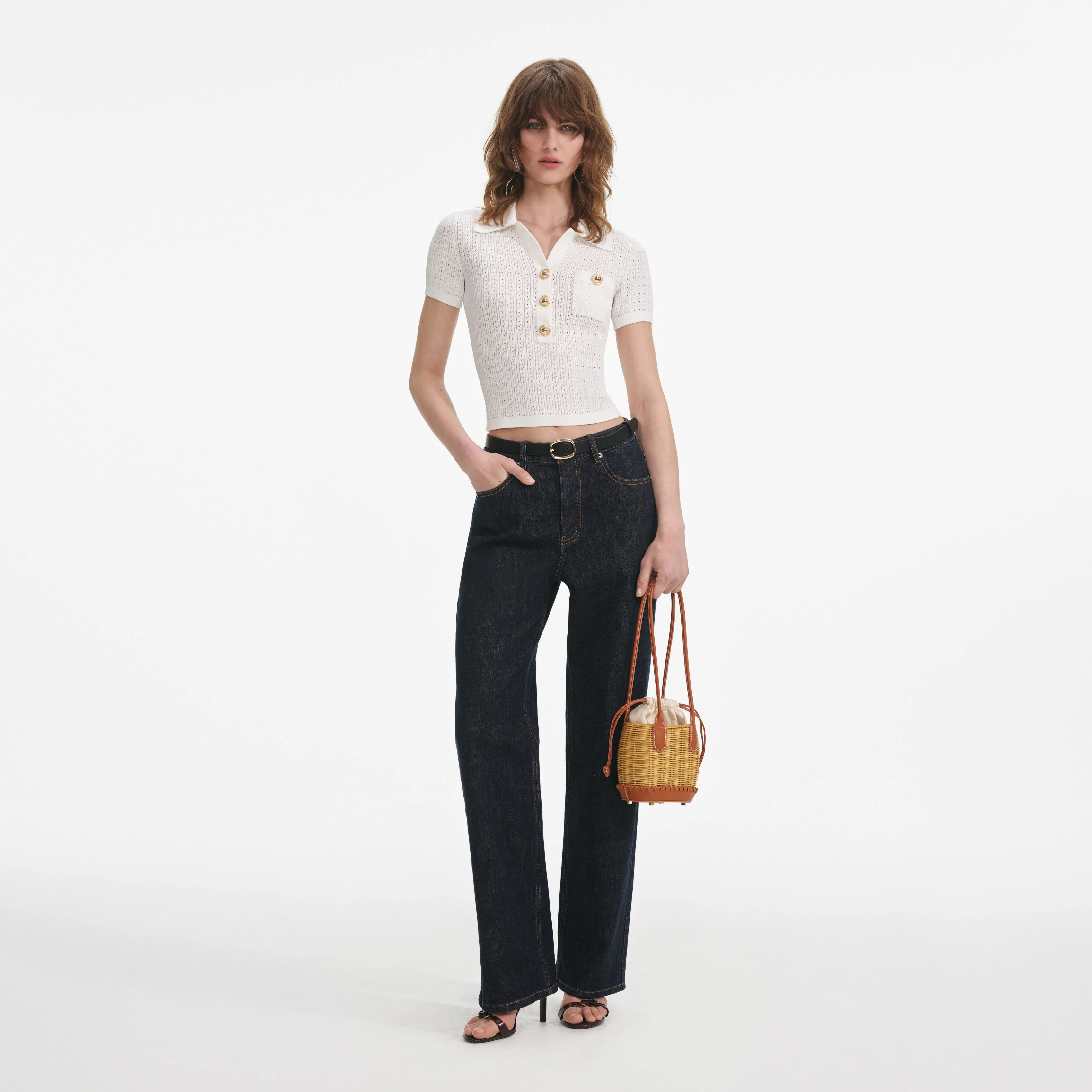 White Pointelle Collared Knit Top