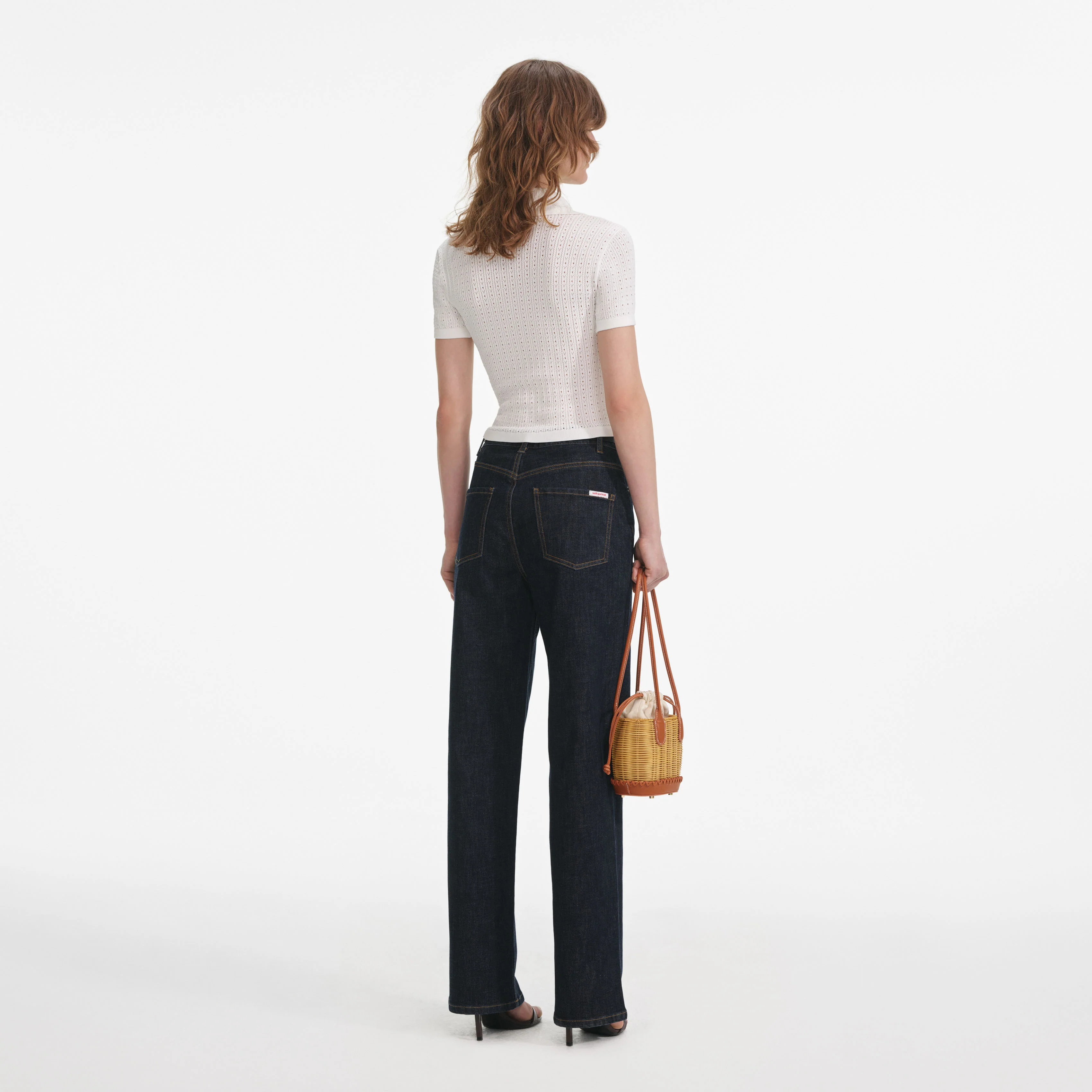 White Pointelle Collared Knit Top - Image 3
