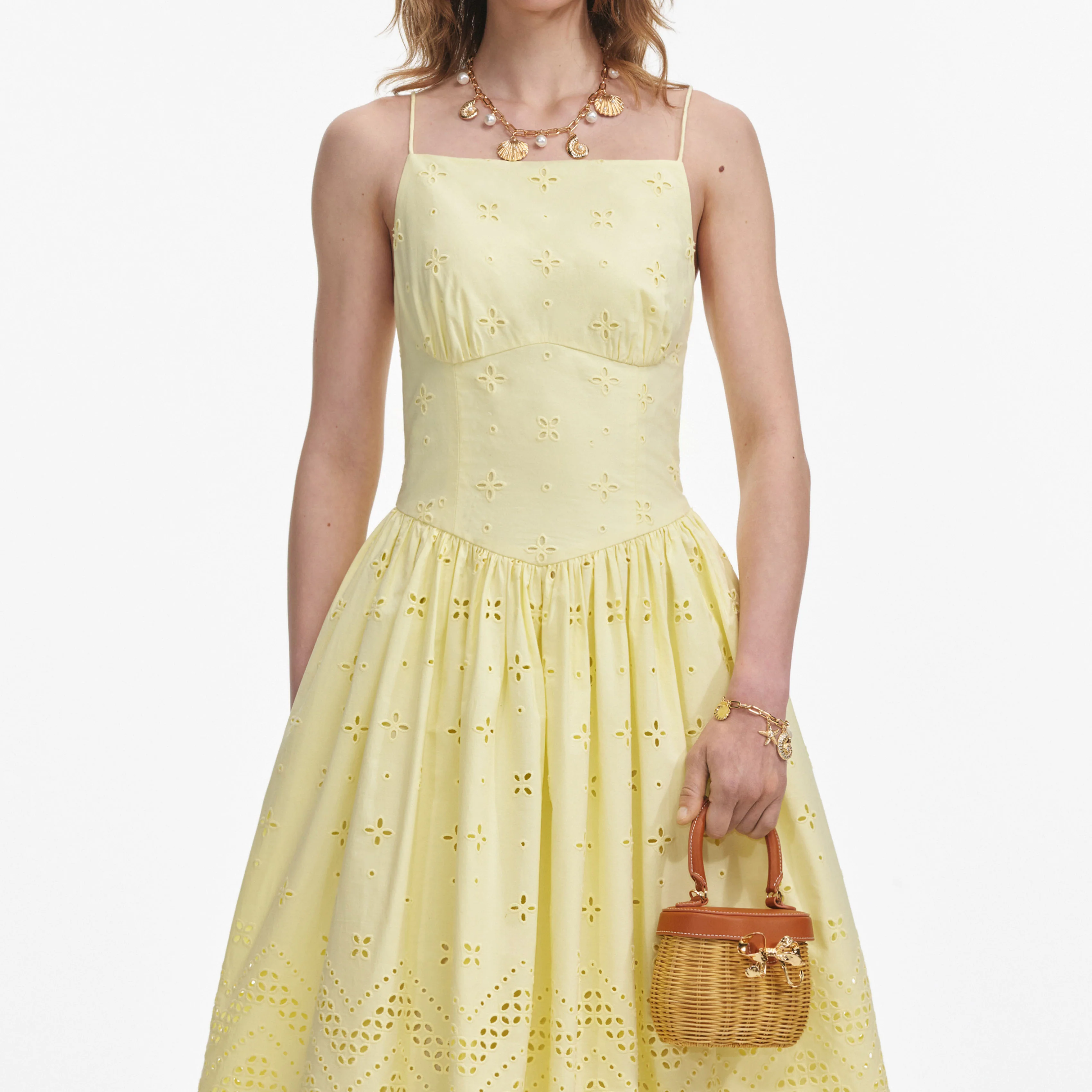 Yellow Cotton Broderie Midi Dress - Image 4