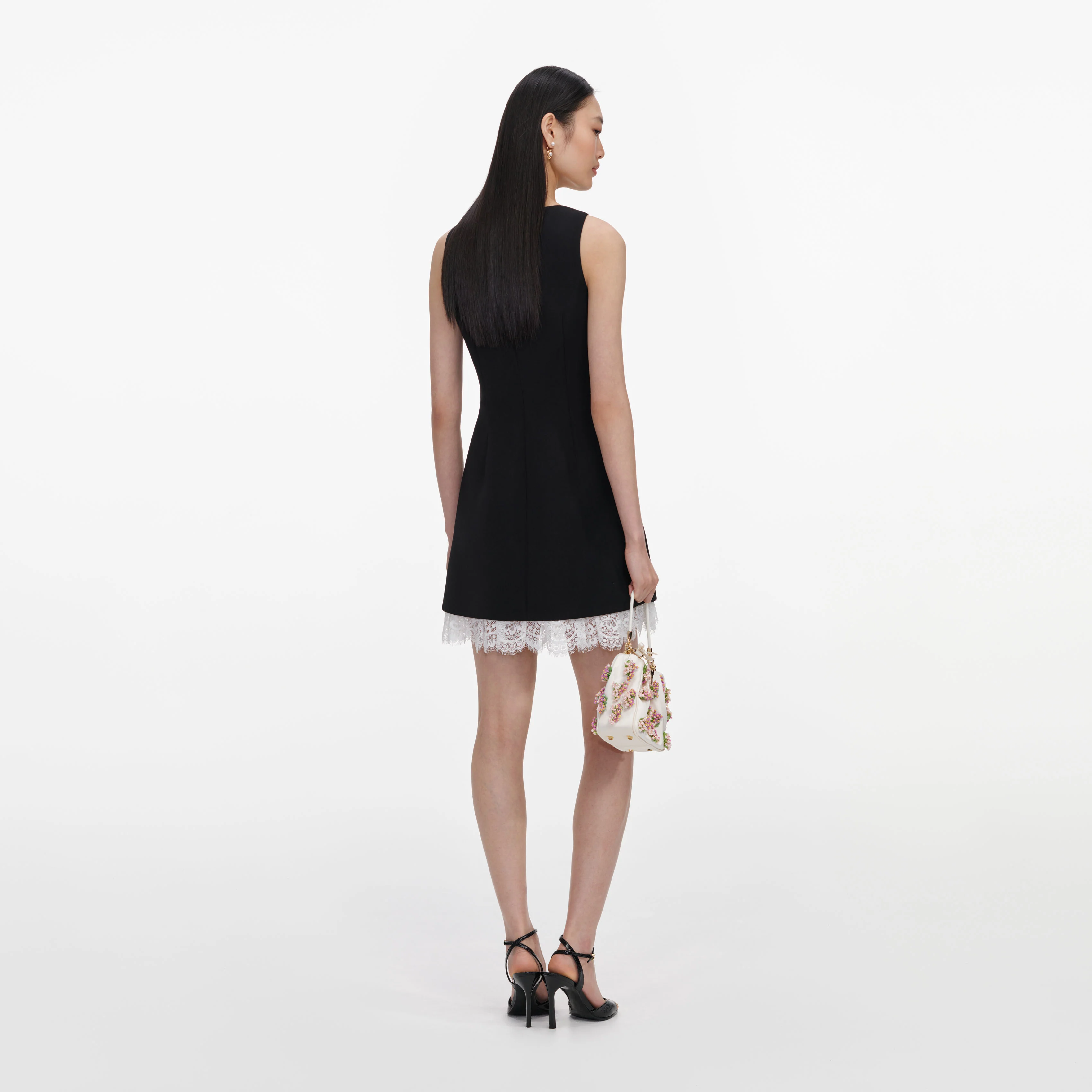 Black Crepe Bow Lace Mini Dress - Image 3