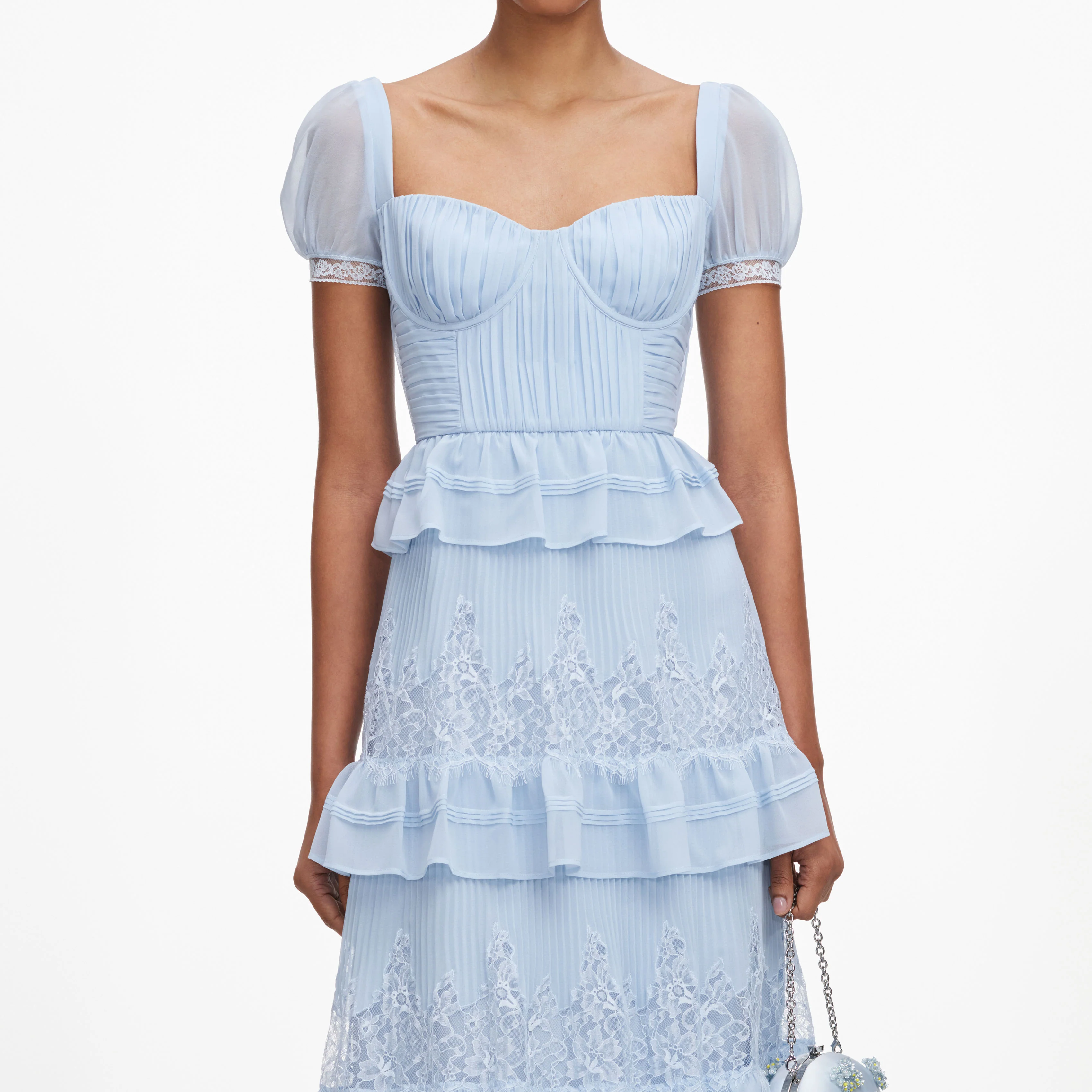 Blue Chiffon Short Sleeve Midi Dress - Image 4