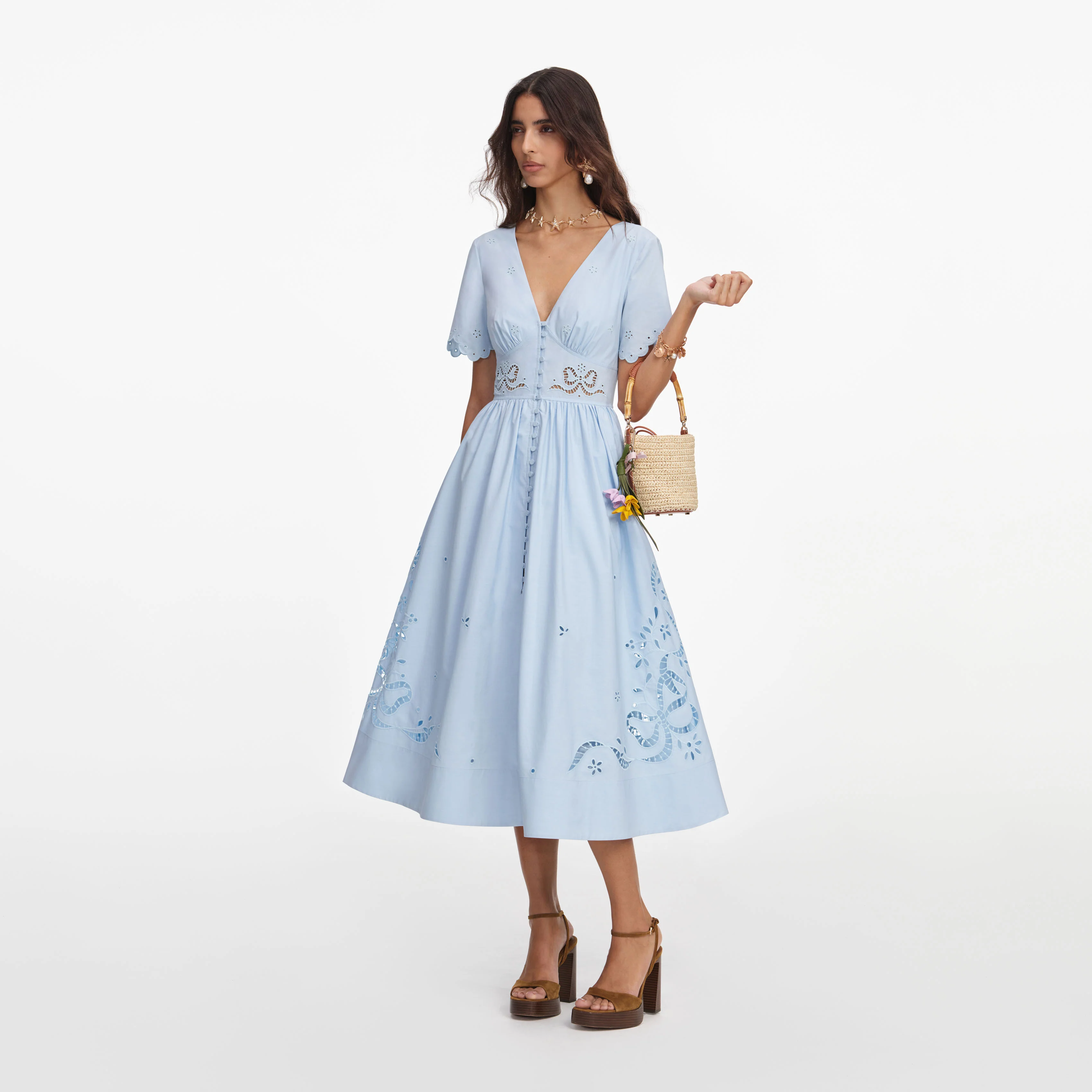 Blue Cotton Embroidered Midi Dress - Image 2