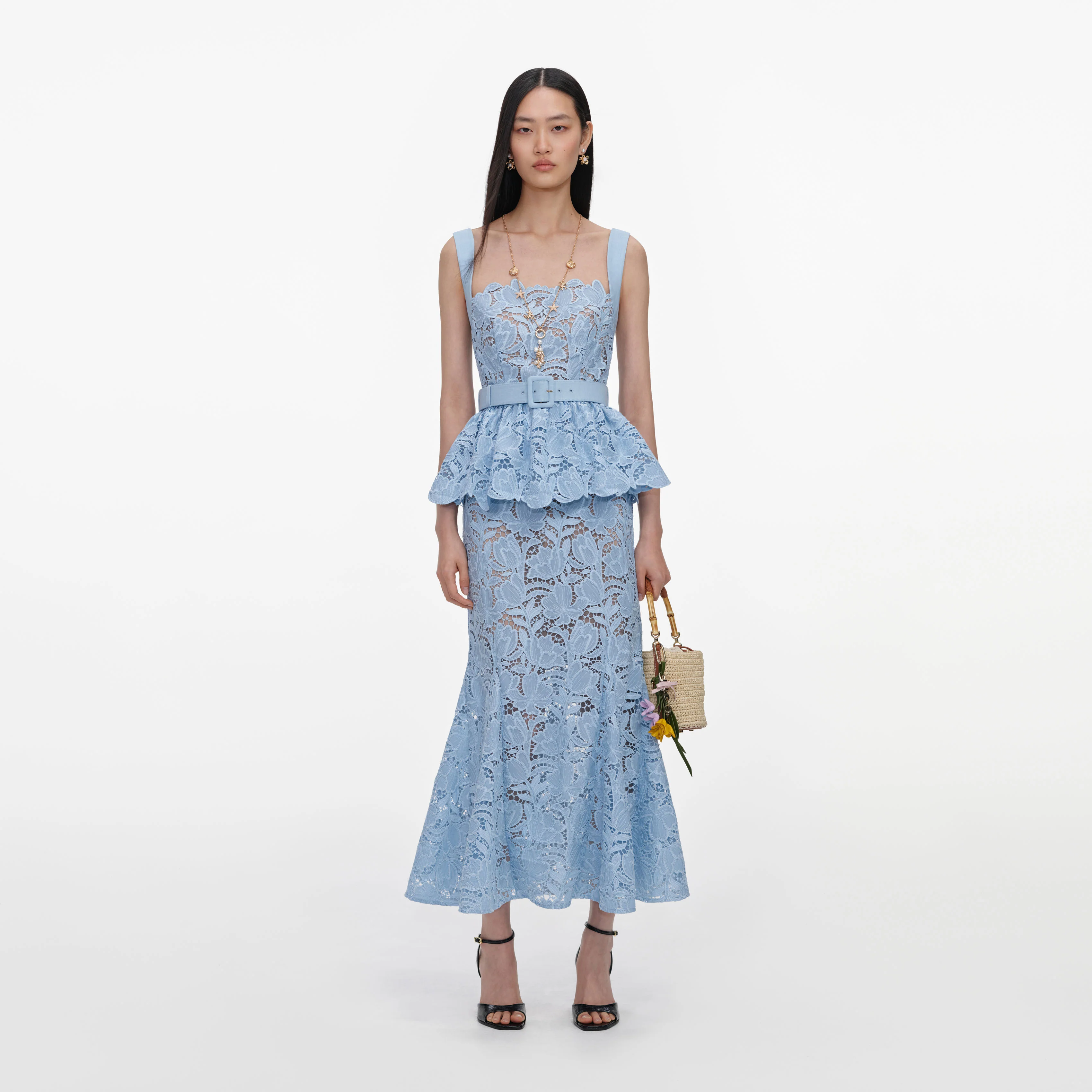 Blue Lace Peplum Midi Dress