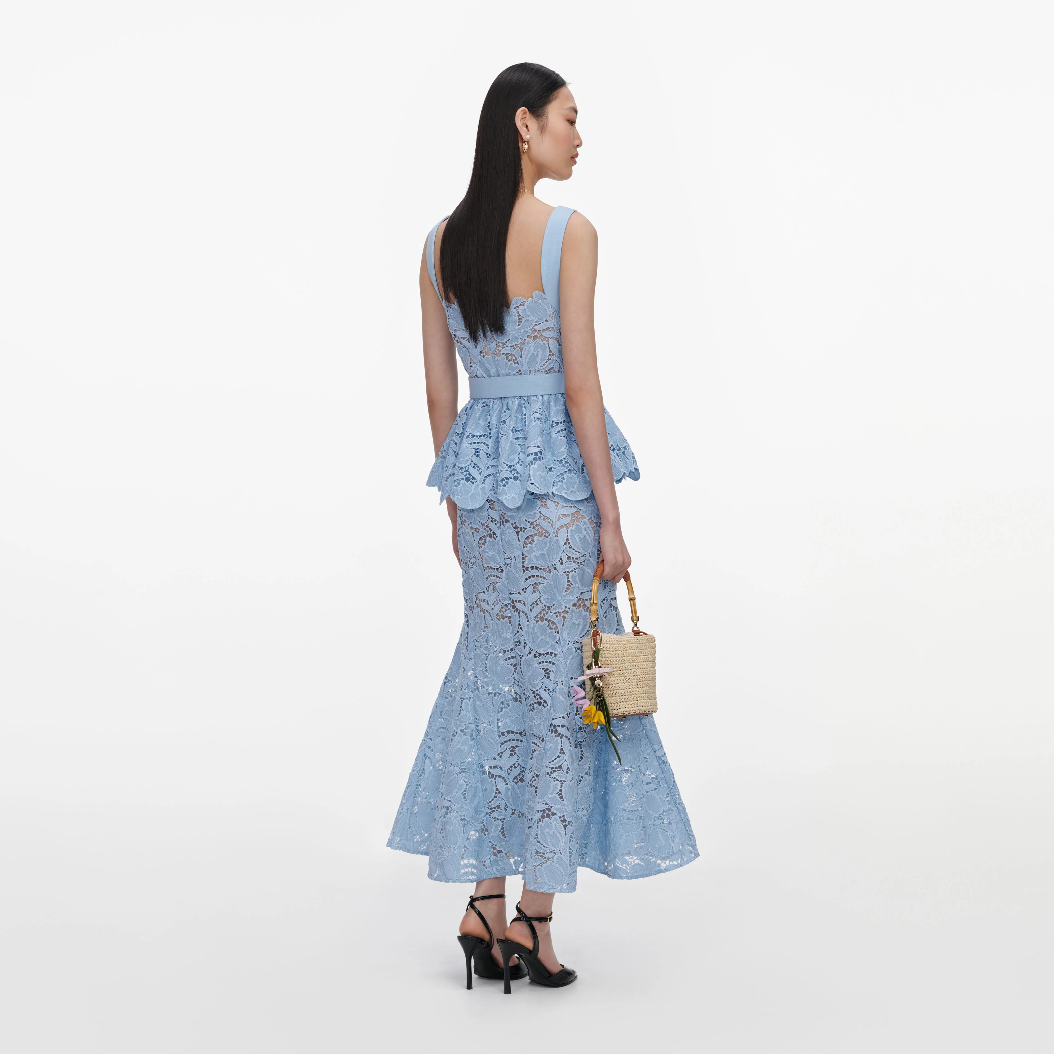 Blue Lace Peplum Midi Dress - Image 3