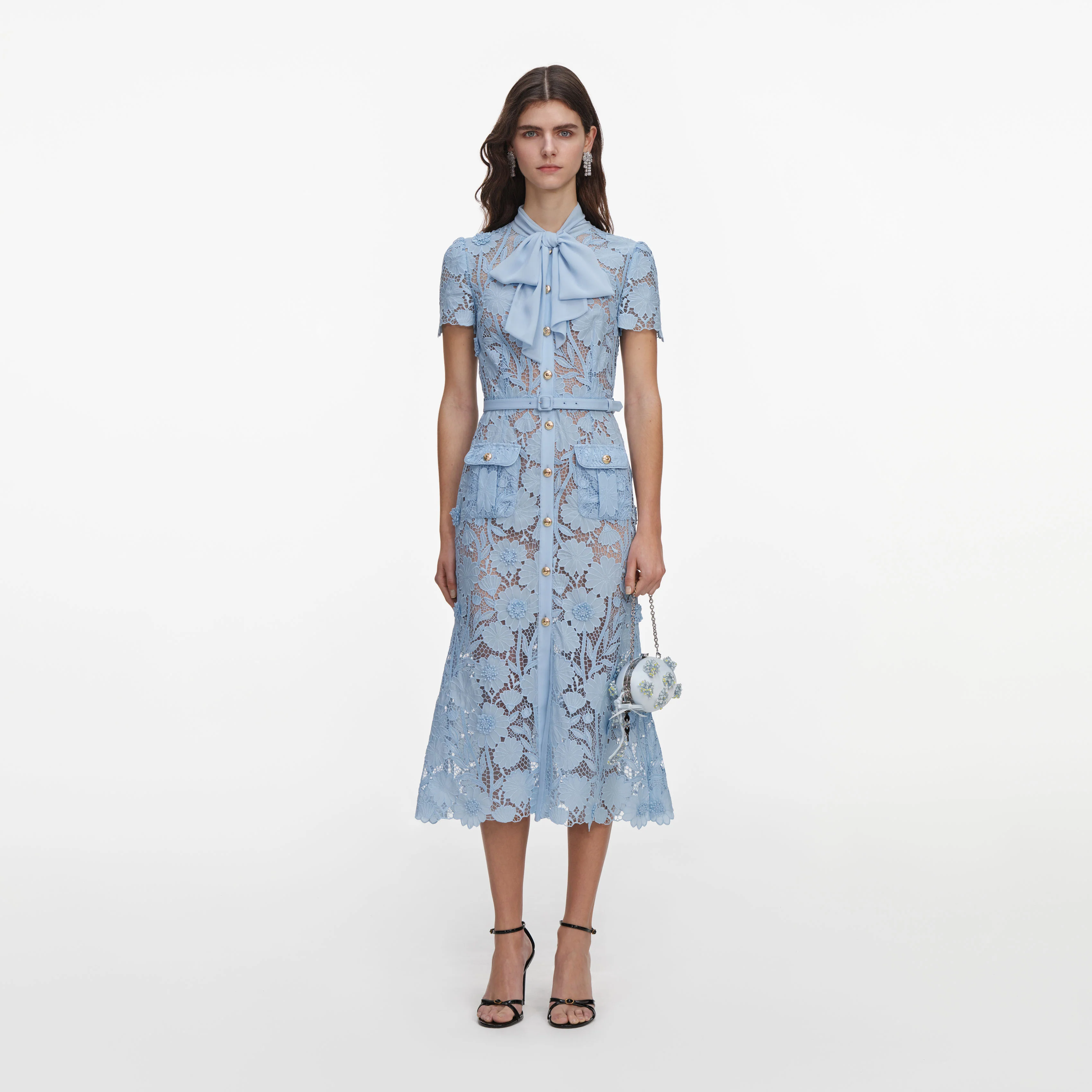 Blue Lace Tie Neck Midi Dress