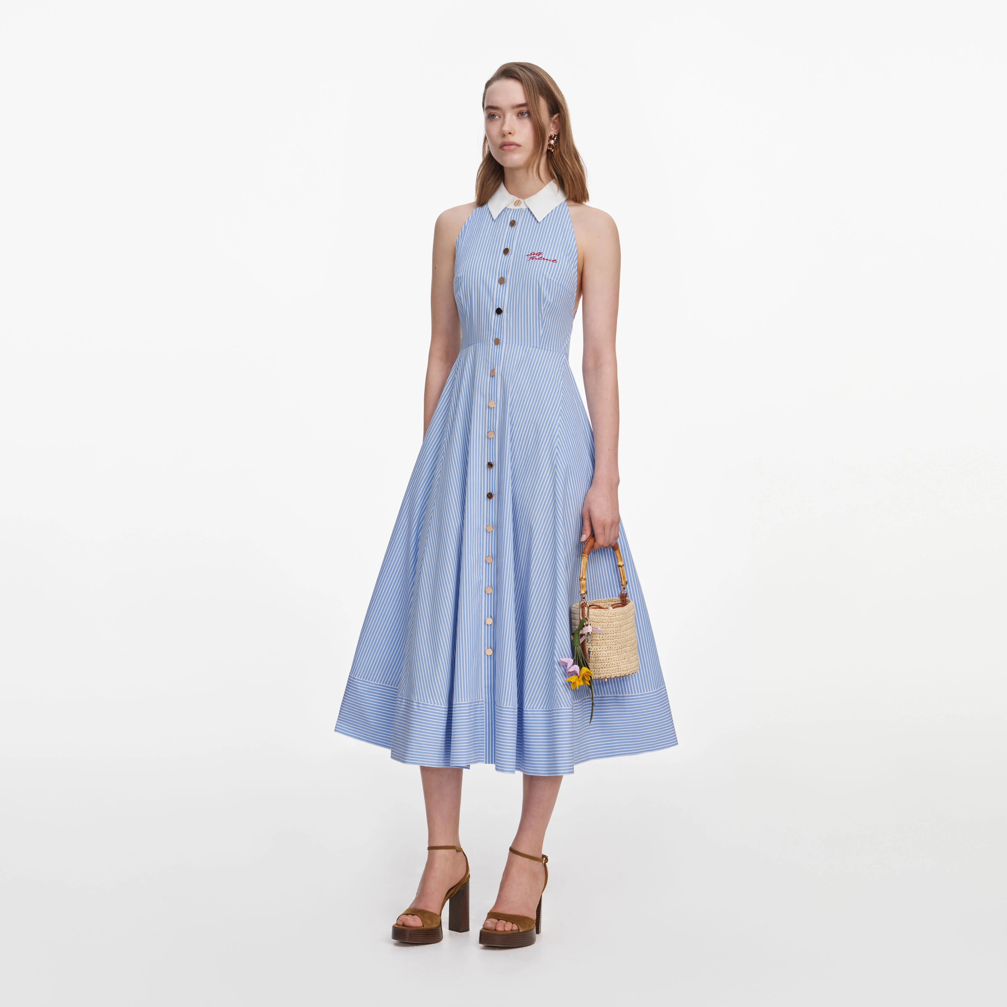 Blue Striped Cotton Midi Dress - Image 2