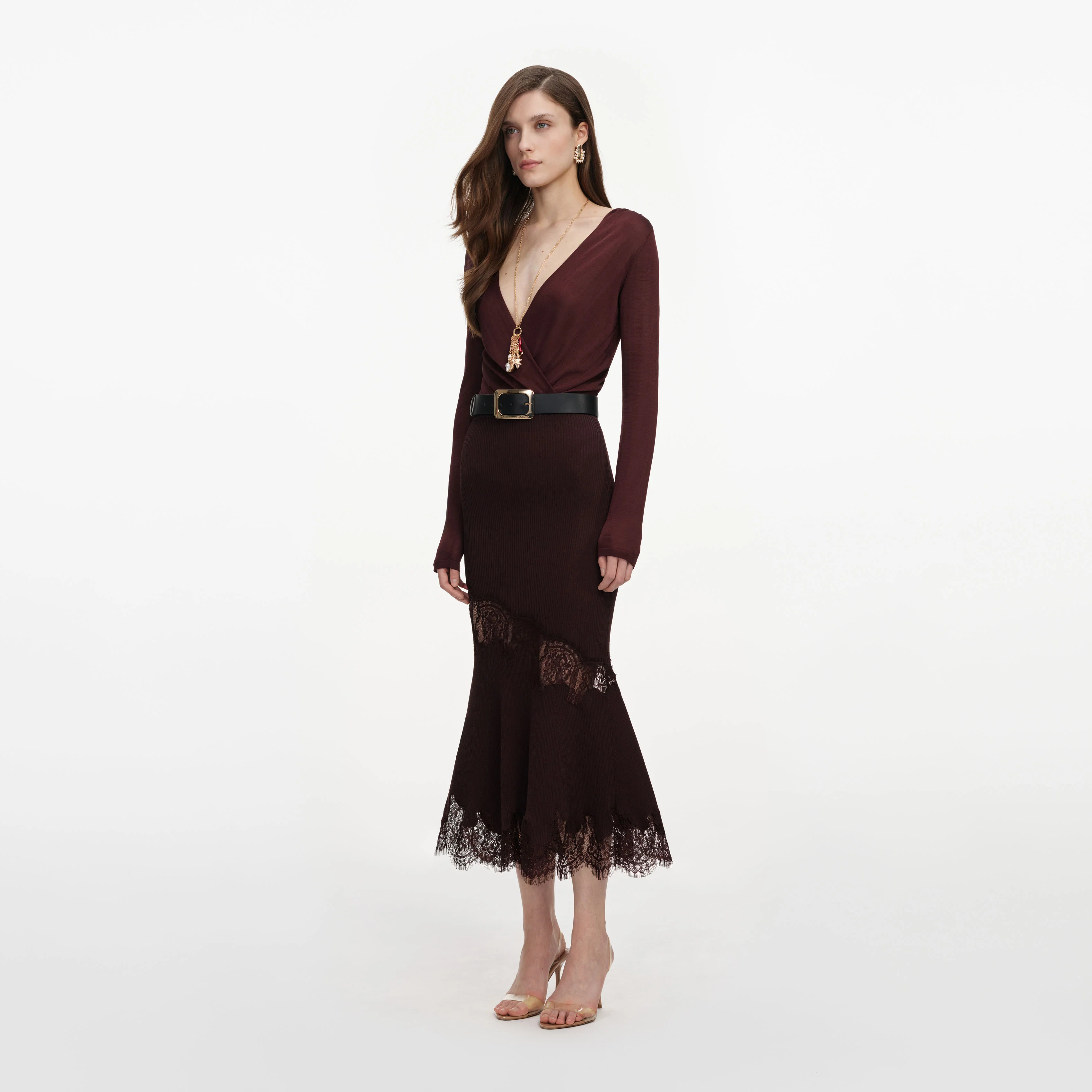 Brown Ribbed Knit Midi Skirt - Image 2