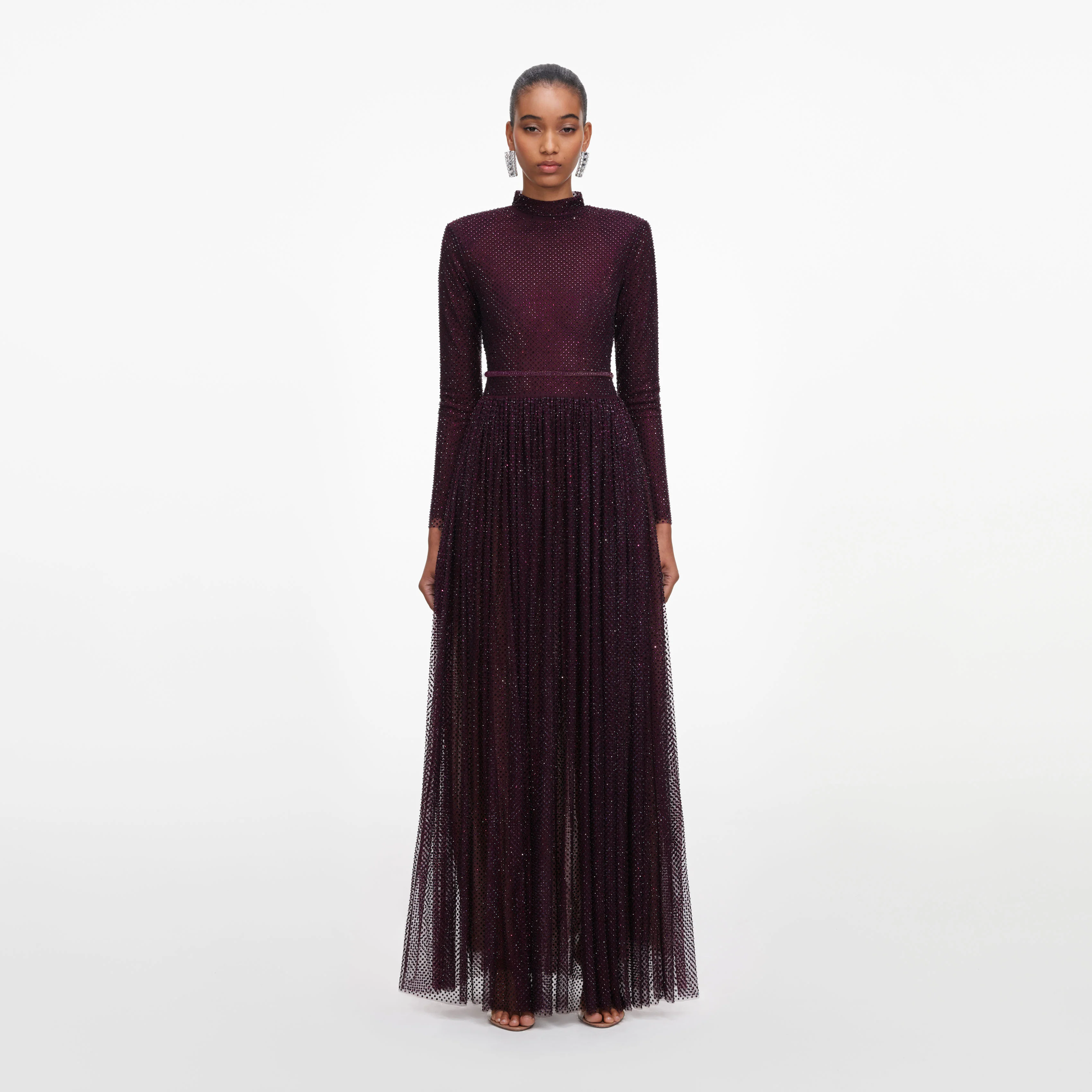 Burgundy Rhinestone Long Sleeve Maxi Dress